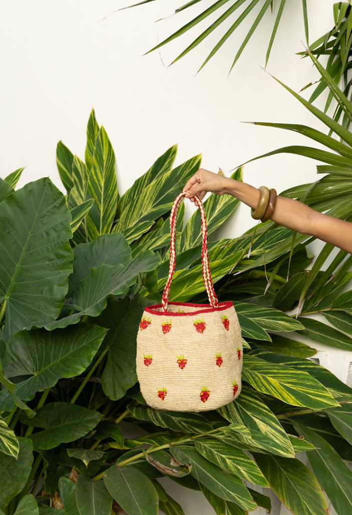 Fruity Raffia Tote Bag with Embroidered Details