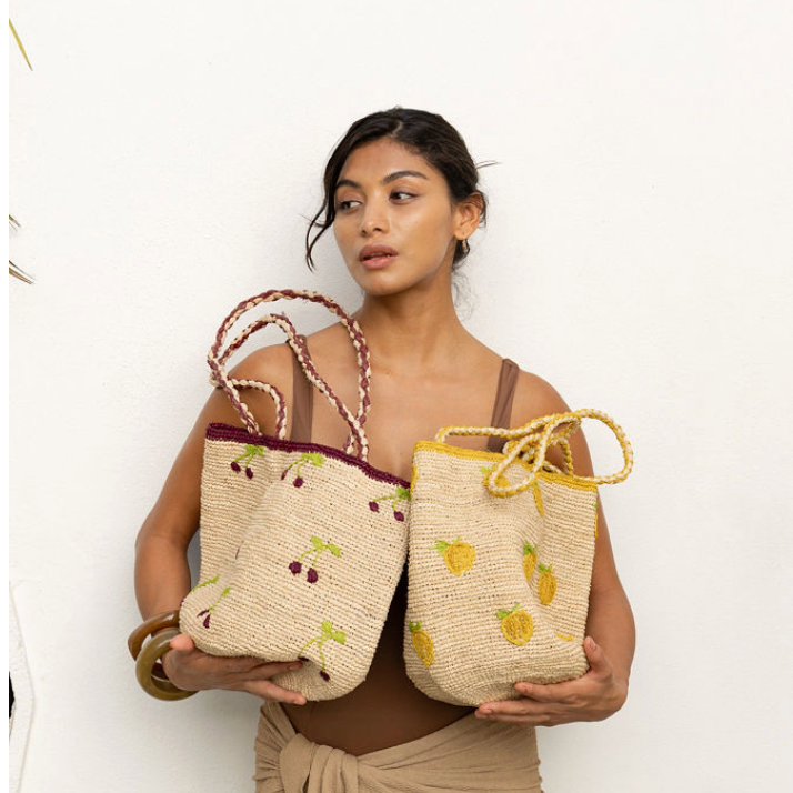 Fruity Raffia Tote Bag with Embroidered Details