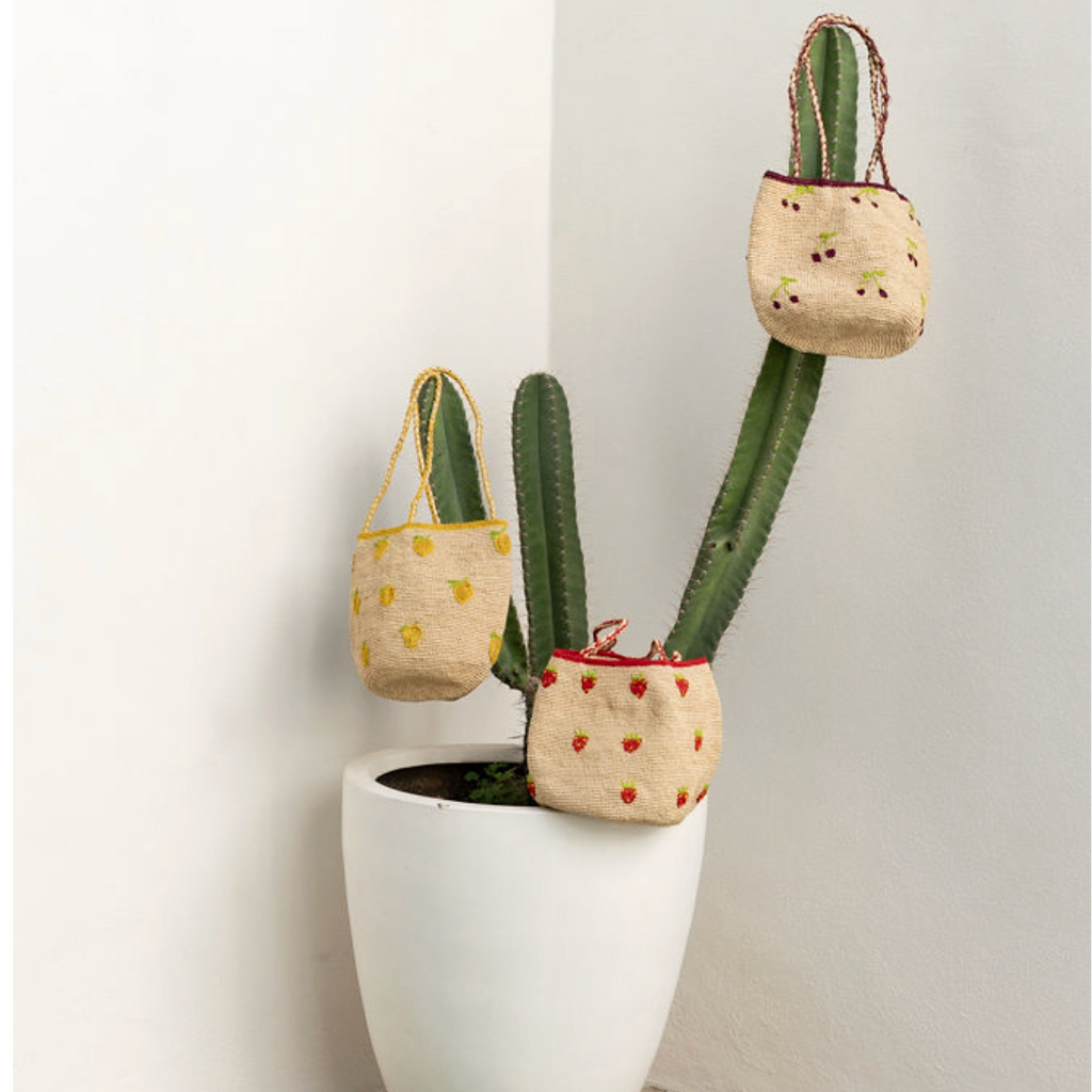 Fruity Raffia Tote Bag with Embroidered Details