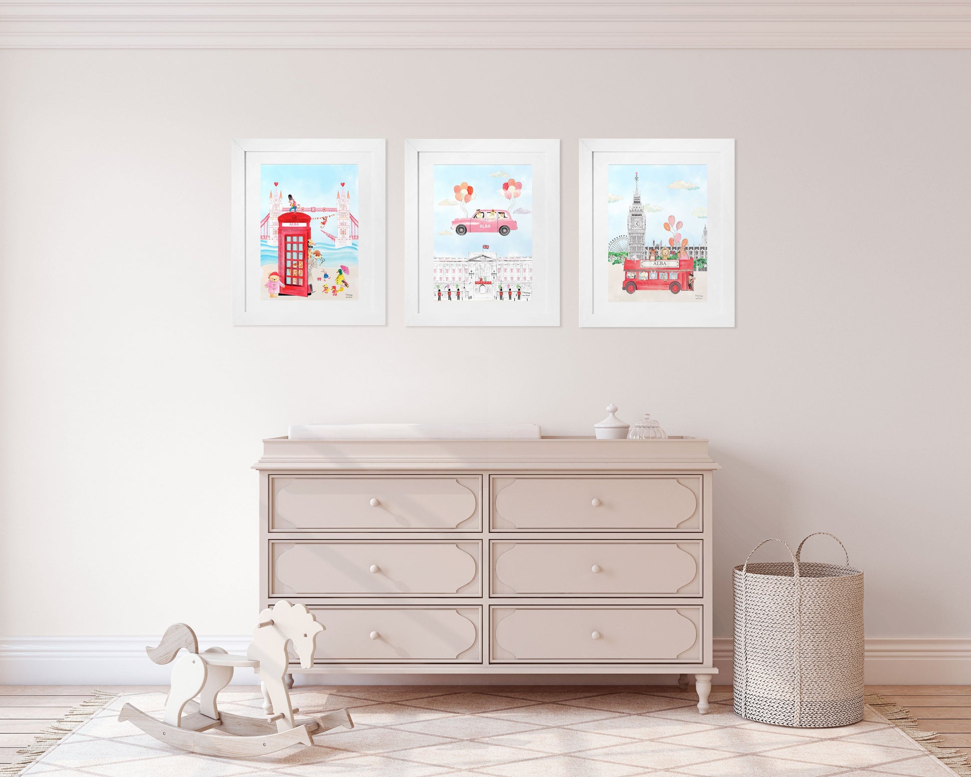 Animals and Big Ben Print for Girls Personalised Nursery Art