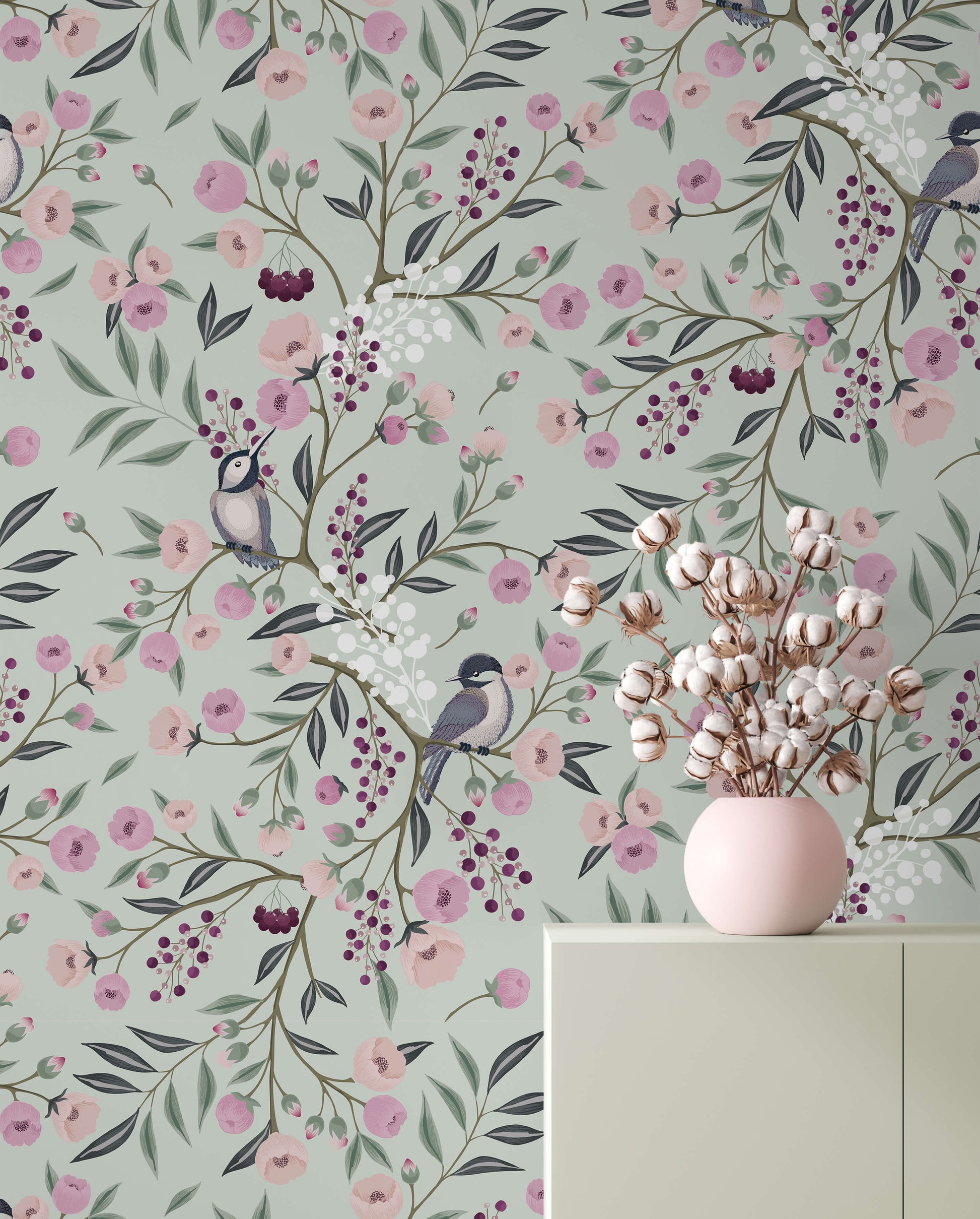 Charlotte Floral Wallpaper with Tulips and Birds