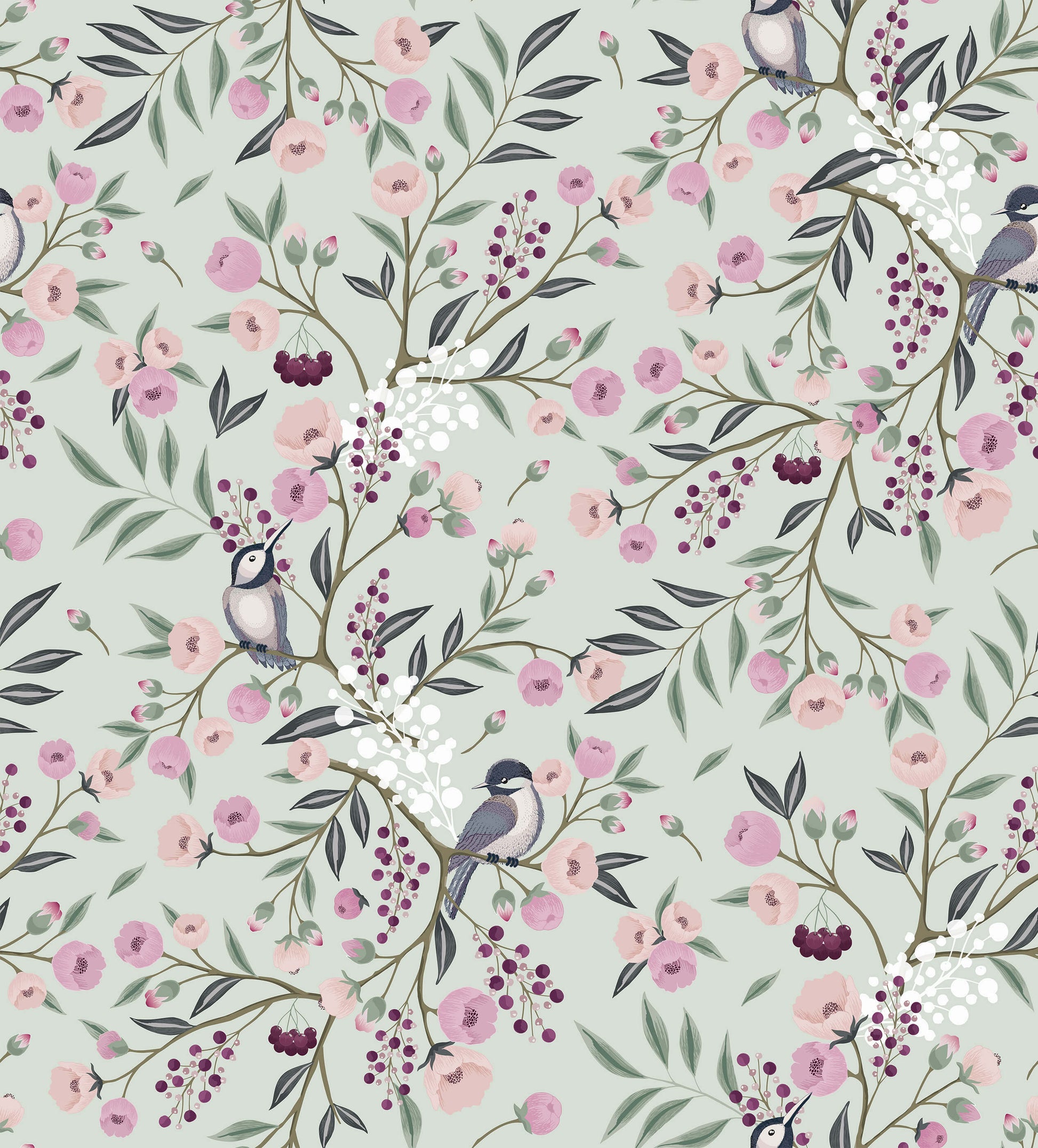 Charlotte Floral Wallpaper with Tulips and Birds