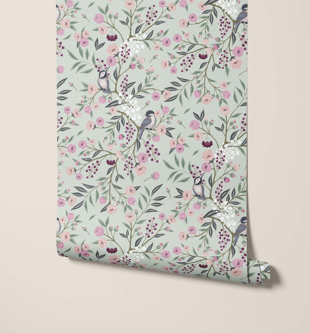 Charlotte Floral Wallpaper with Tulips and Birds