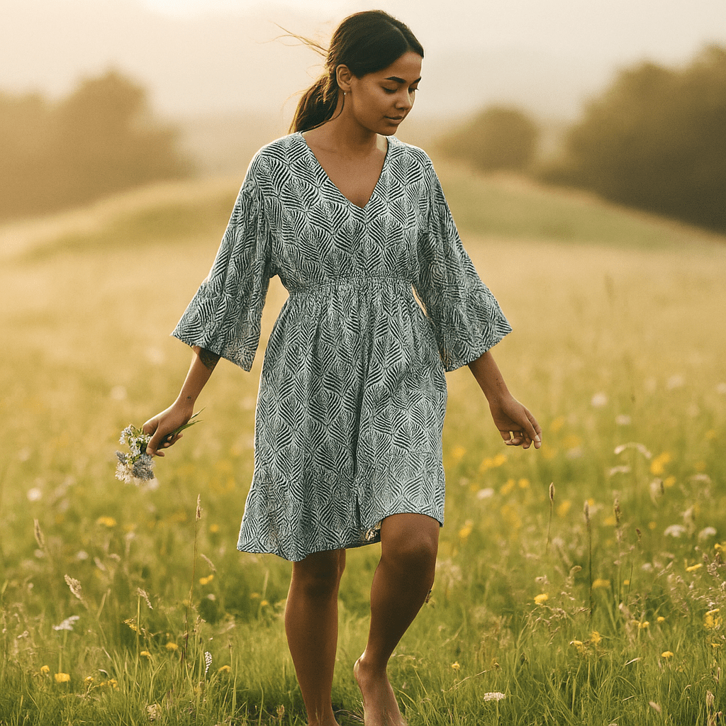 Leaf Print Kurta Dress in Black or Grey