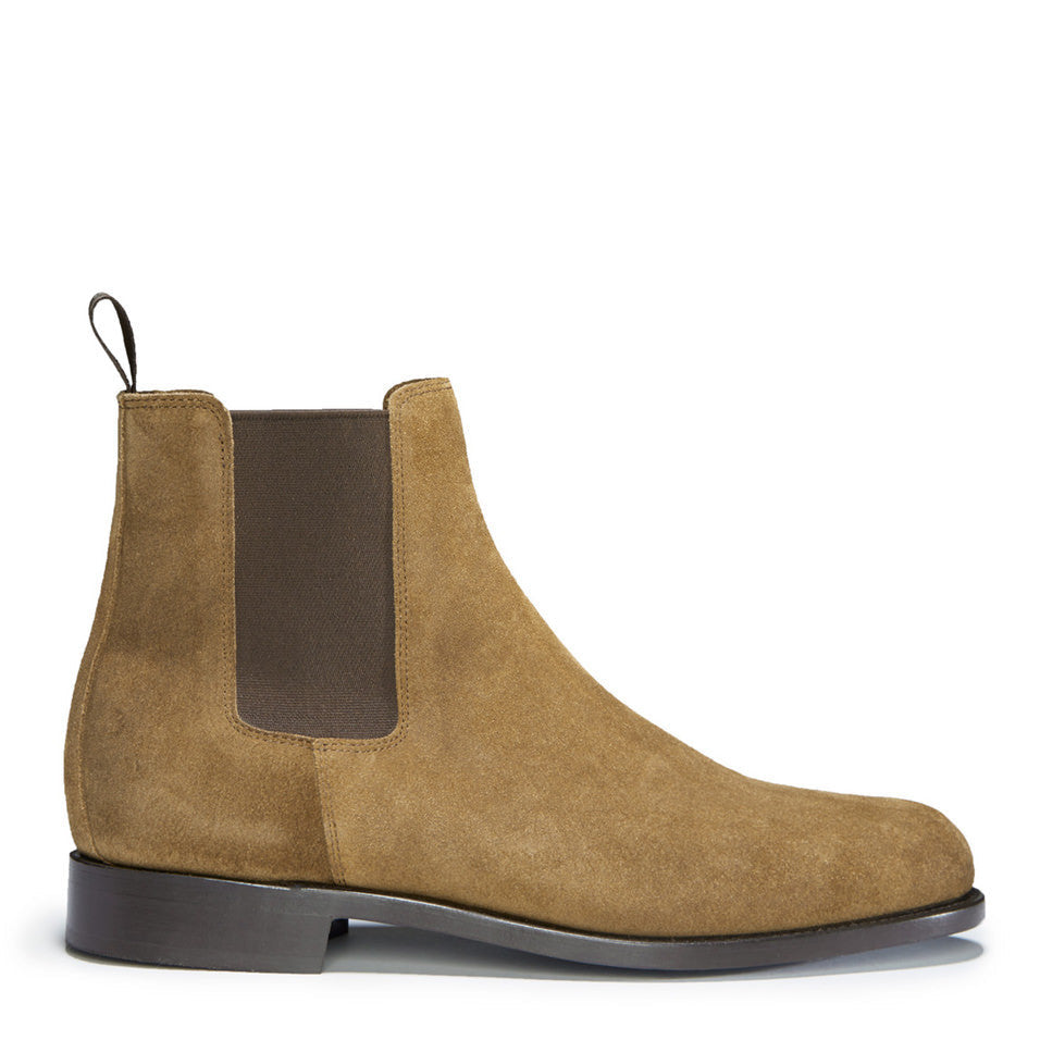 Tobacco Suede Chelsea Boots with Welted Leather Sole