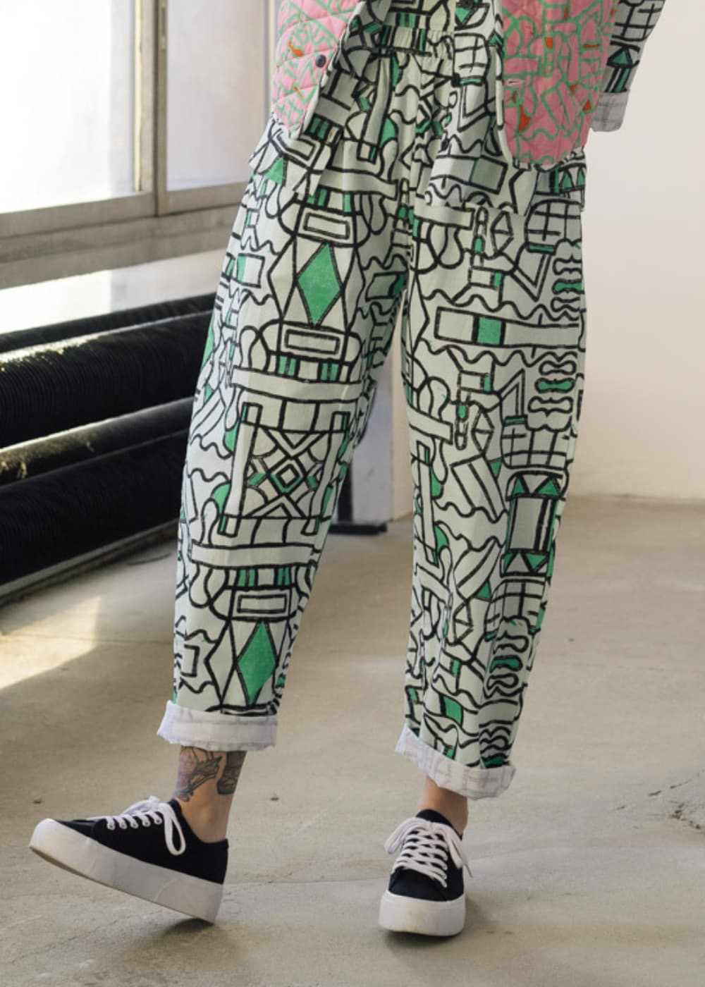 Organic Cotton and Linen Balloon Trousers in Circuit Garden