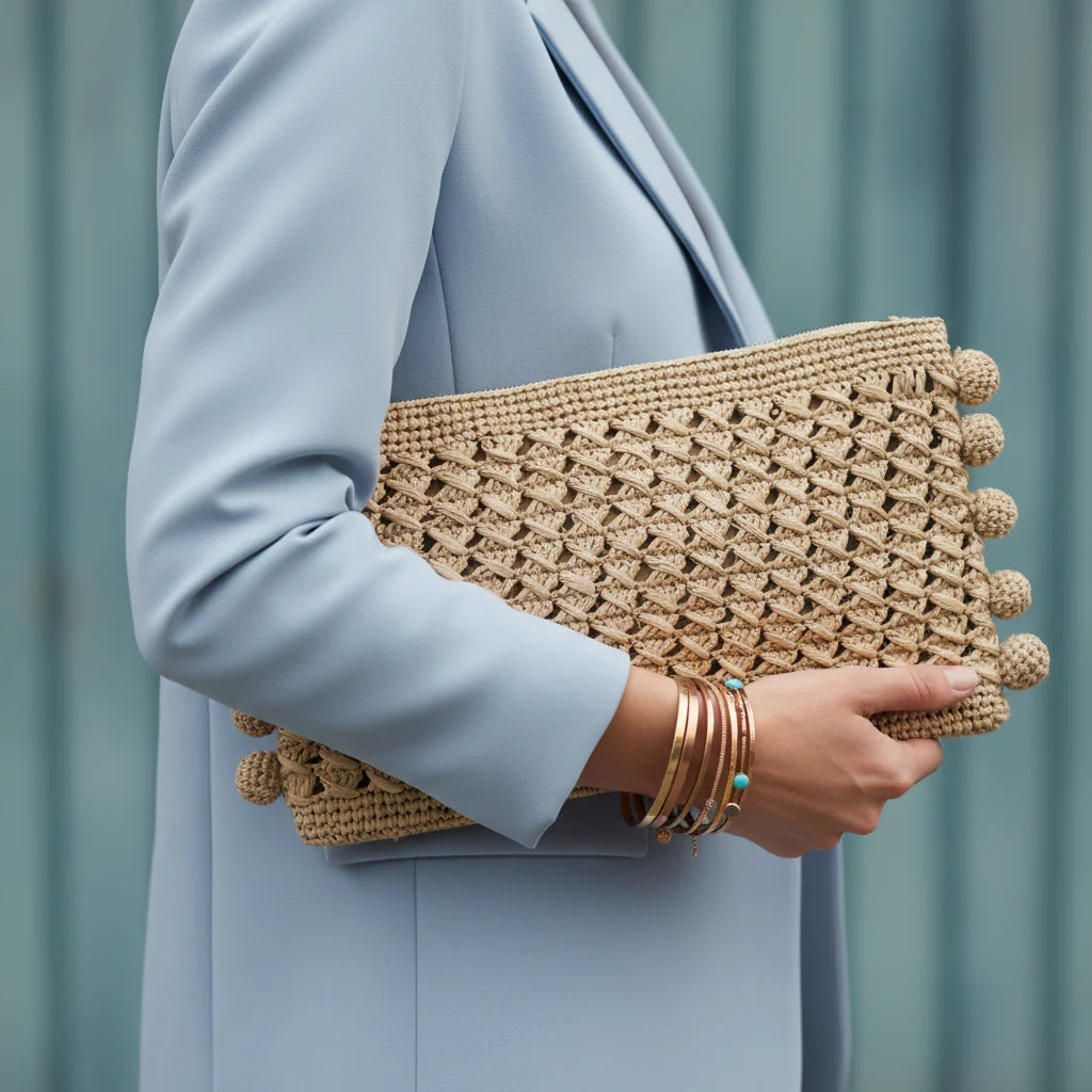 Boule Handcrafted Crochet Pouch in Natural Beige