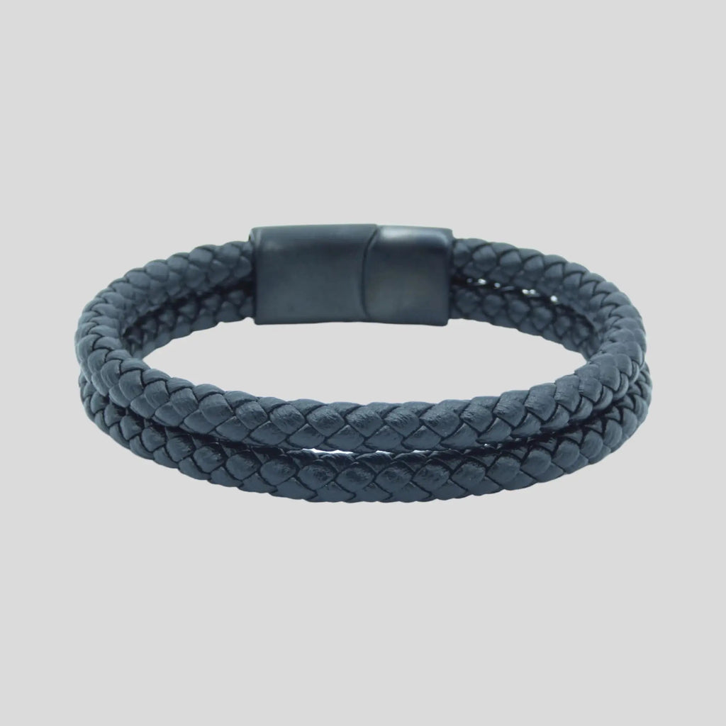 Classic Black Leather Double Bracelet for Men