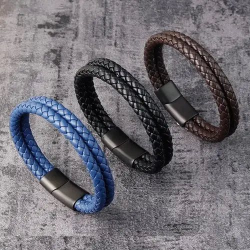 Classic Black Leather Double Bracelet for Men