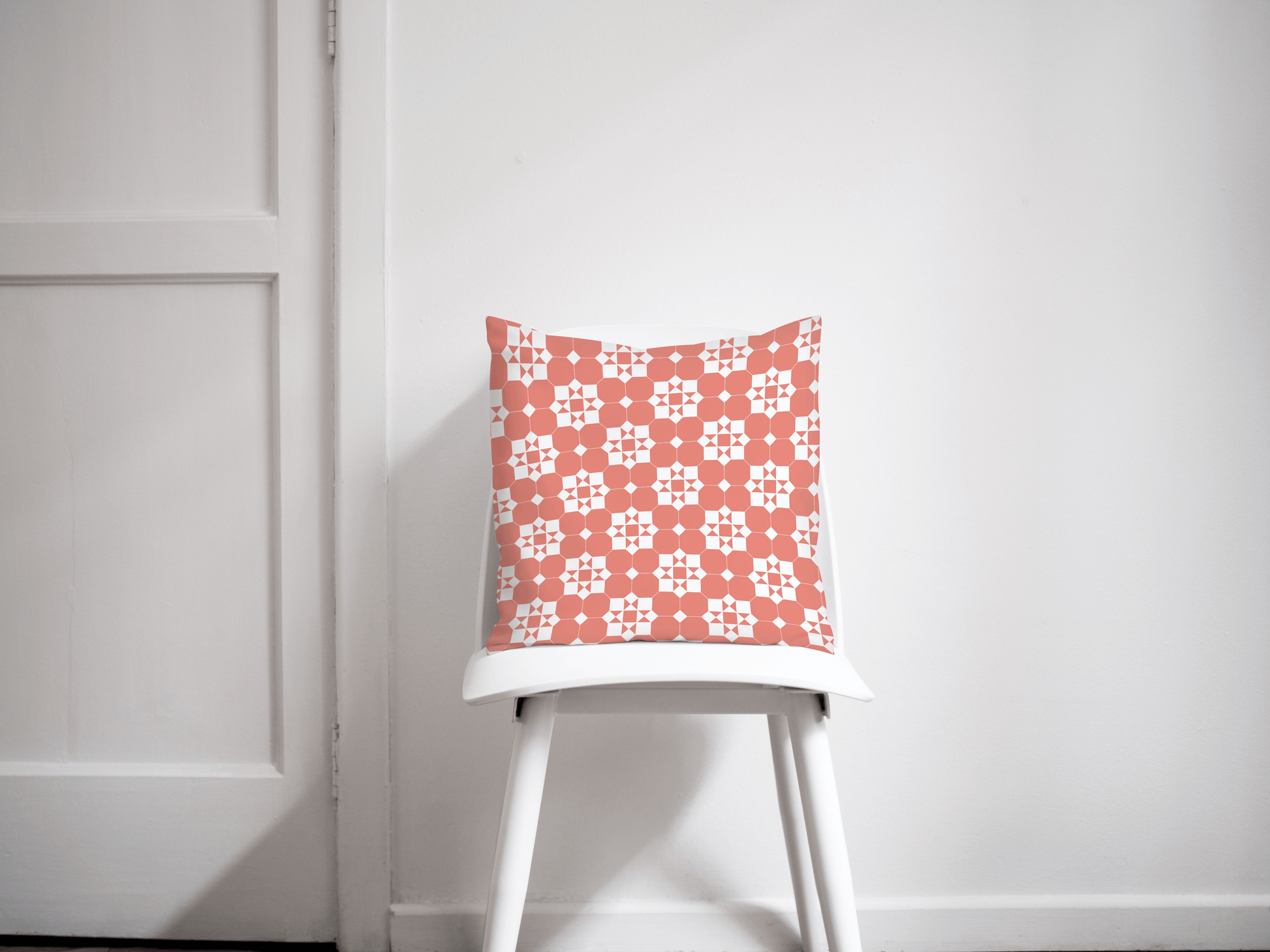 Coral and White Geometric Tiles Throw Pillow