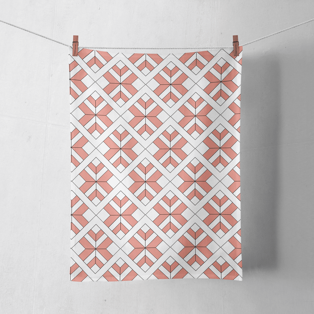 Coral and White Geometric Tea Towel