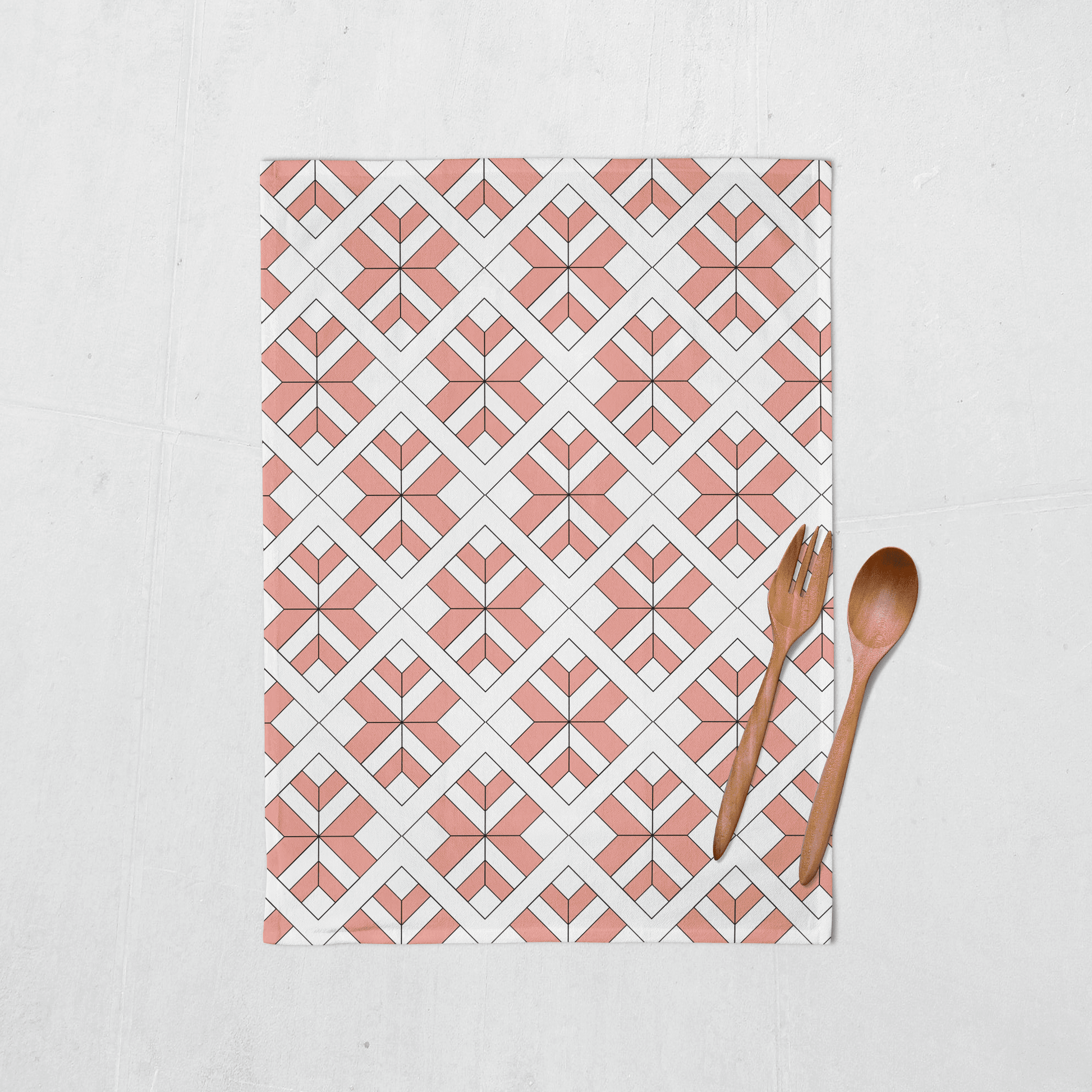Coral and White Geometric Tea Towel