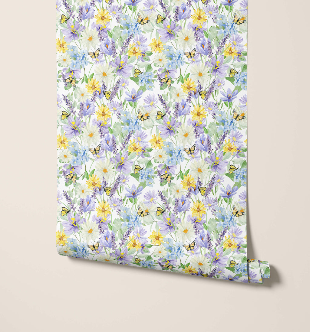 Yellow Butterfly Wallpaper with Purple Blossoms