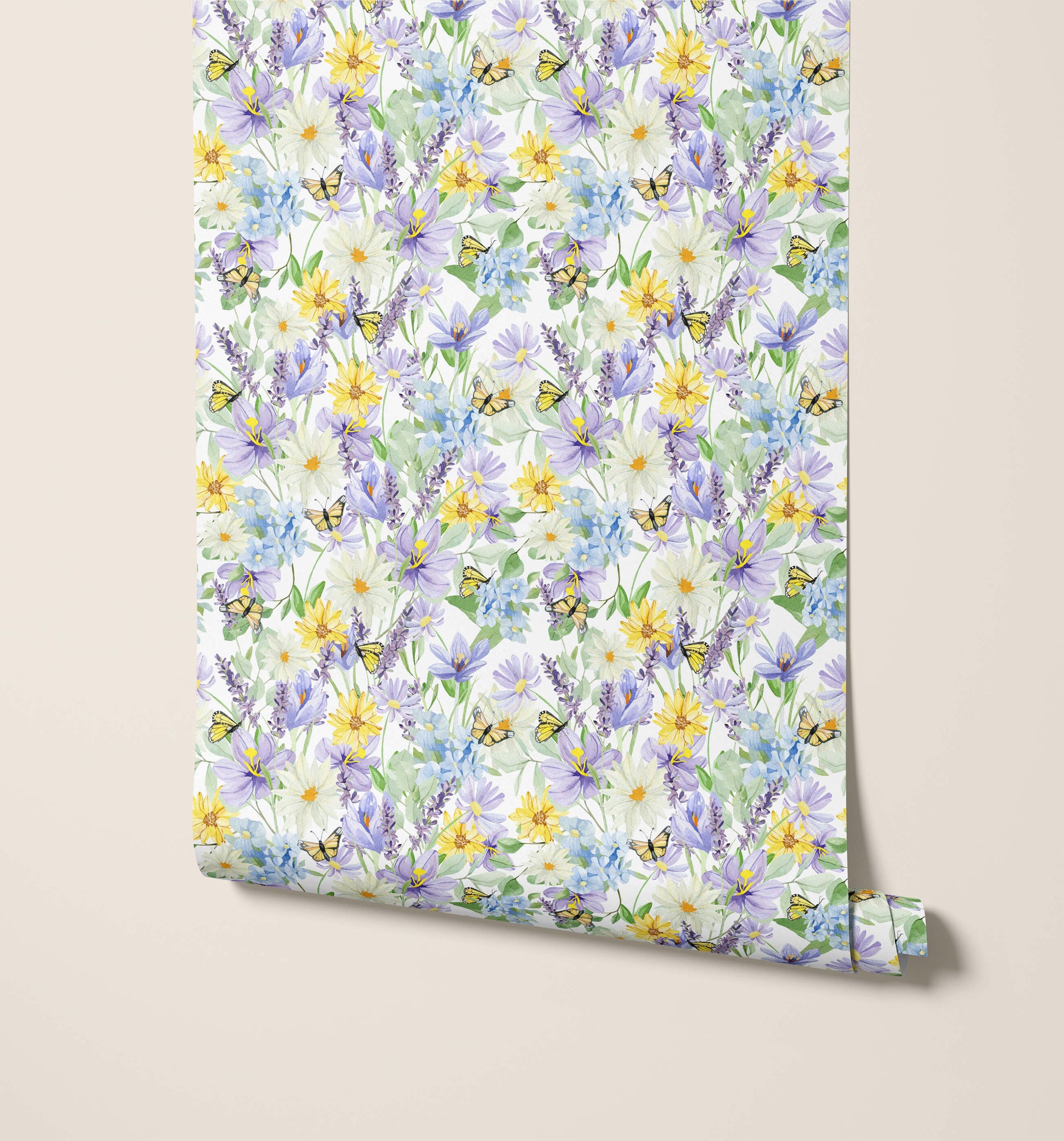 Yellow Butterfly Wallpaper with Purple Blossoms
