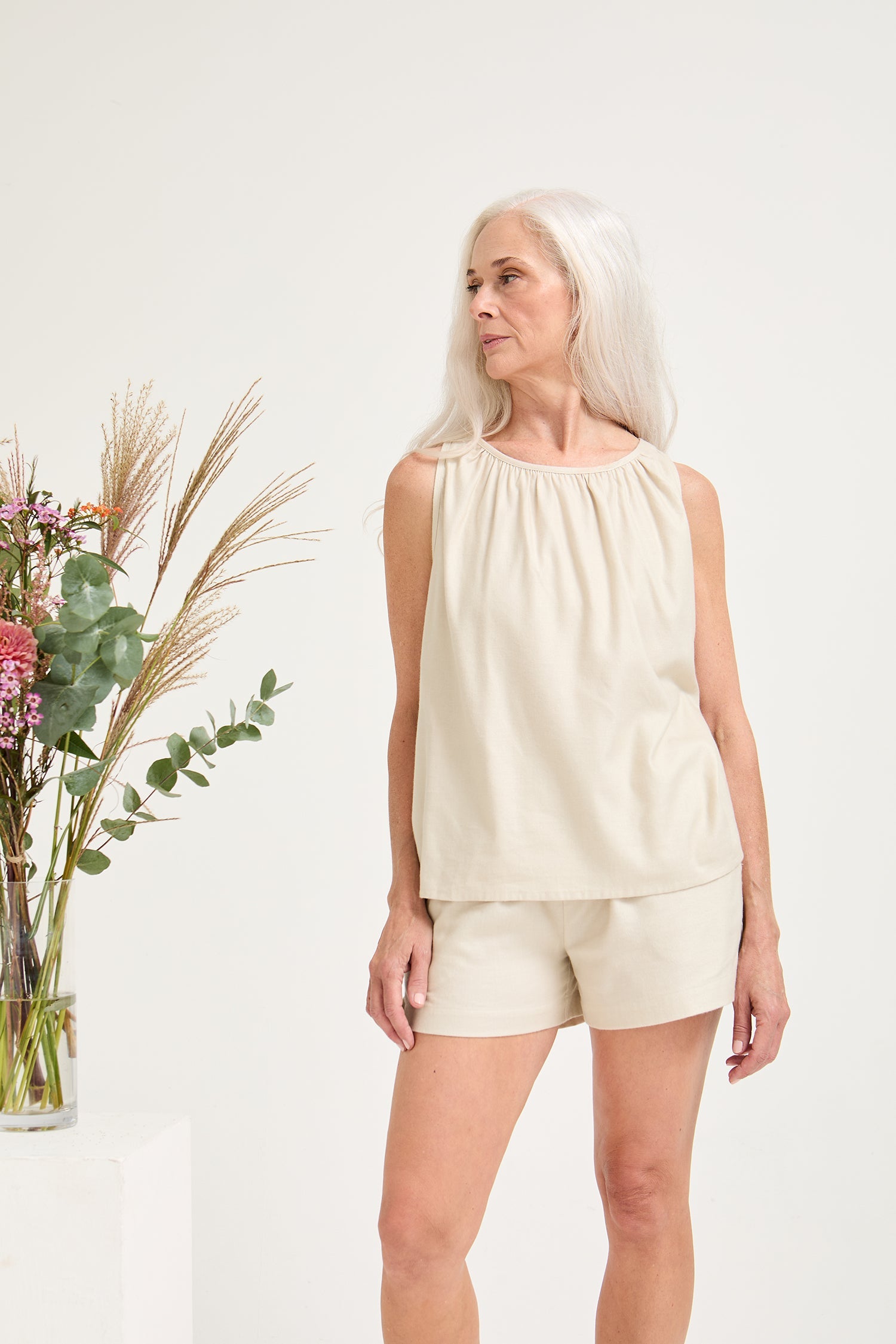 Cotton Modal Vest Short Set in Natural