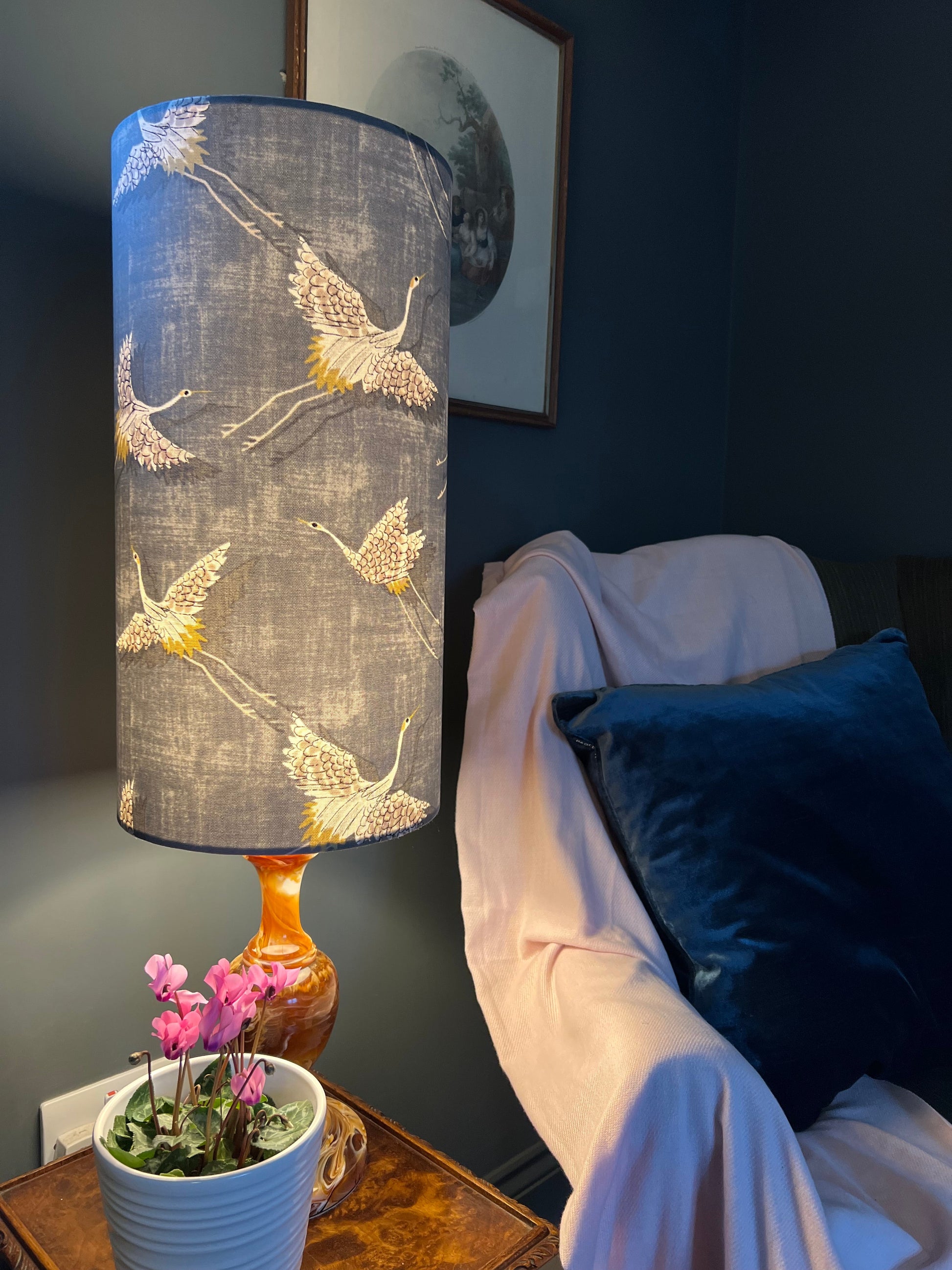 Flying birds in slate cylinder lampshade, in cotton, extra tall lampshade