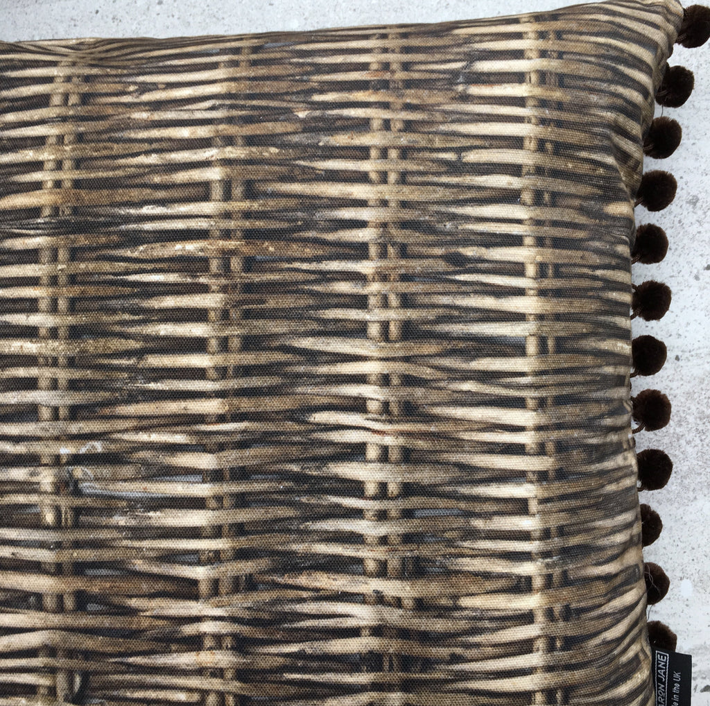Willow Print Cushion with Velvet Pom Poms