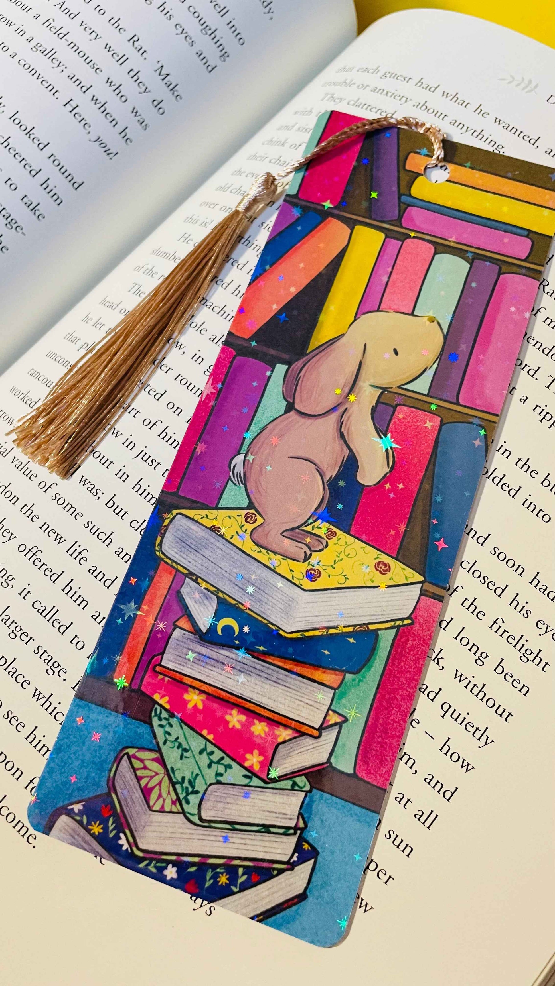 Rainbow Holographic Bookmark with Bunny Illustration