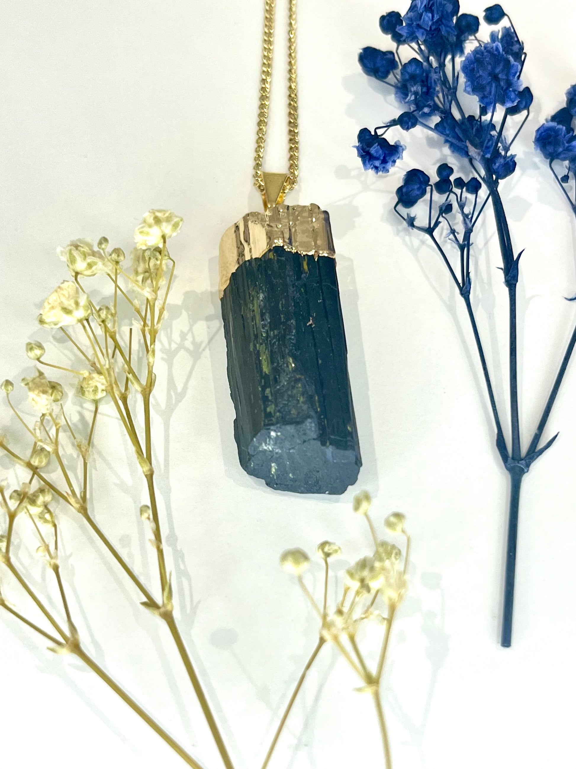 Gold Plated Black Tourmaline Wand Necklace for Protection and Grounding