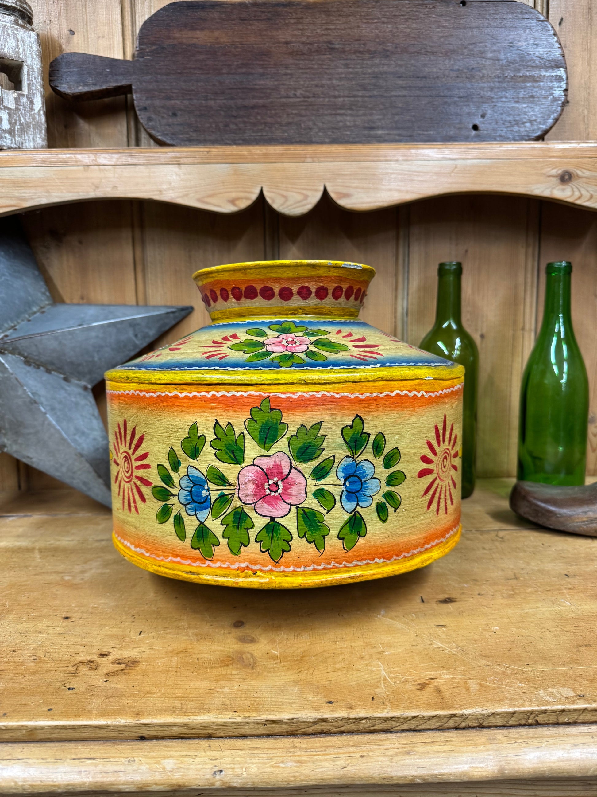 Vintage Painted Indian Water Pot Handmade Metal Vase Rustic Decor