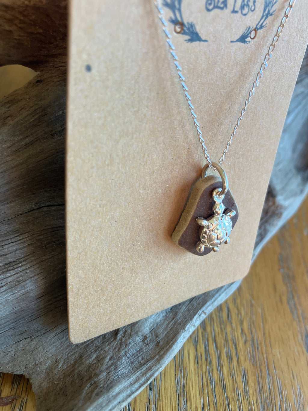 Brown Sea Pottery Turtle Pendant in Sterling Silver
