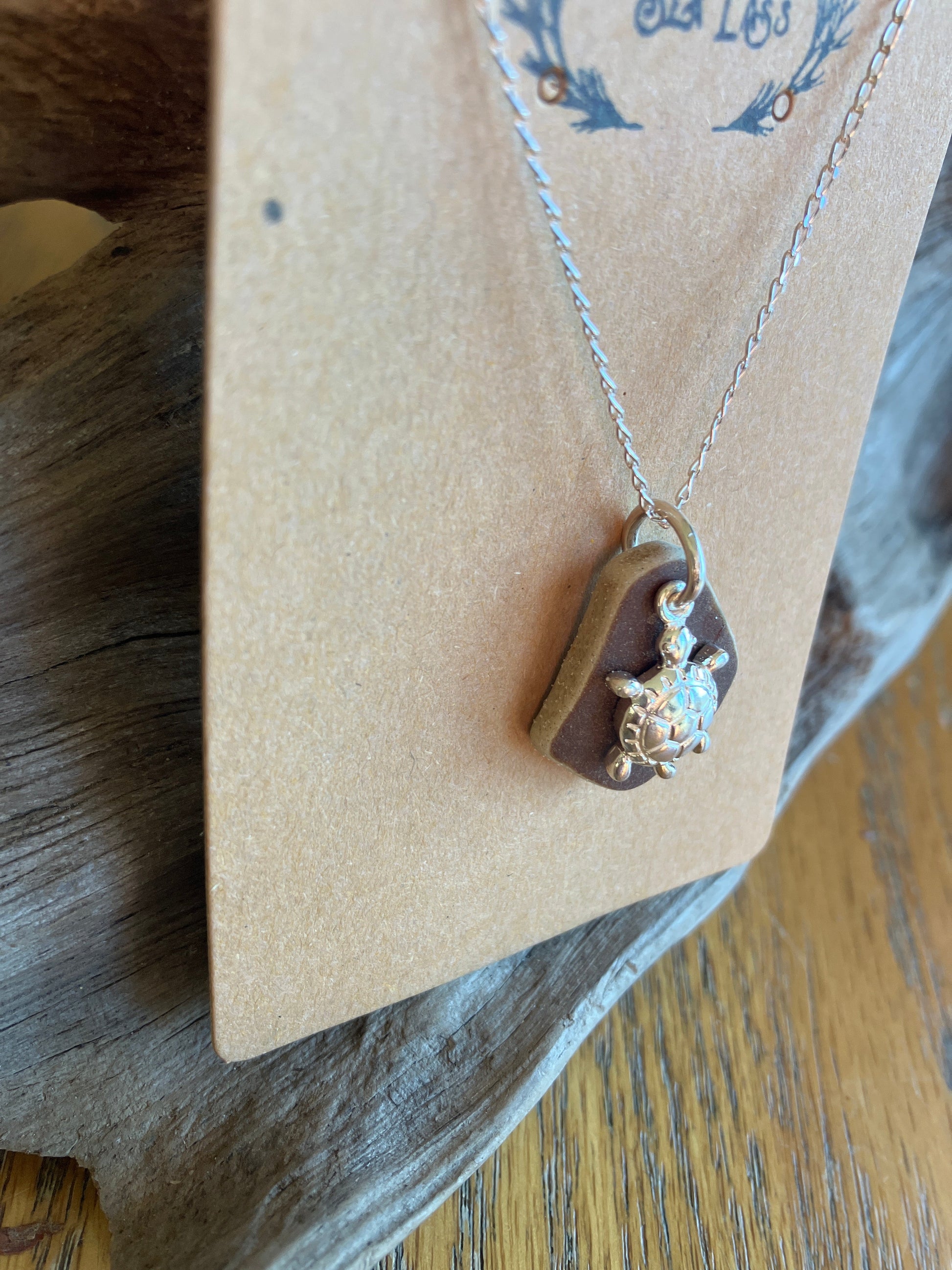 Brown Sea Pottery Turtle Pendant in Sterling Silver