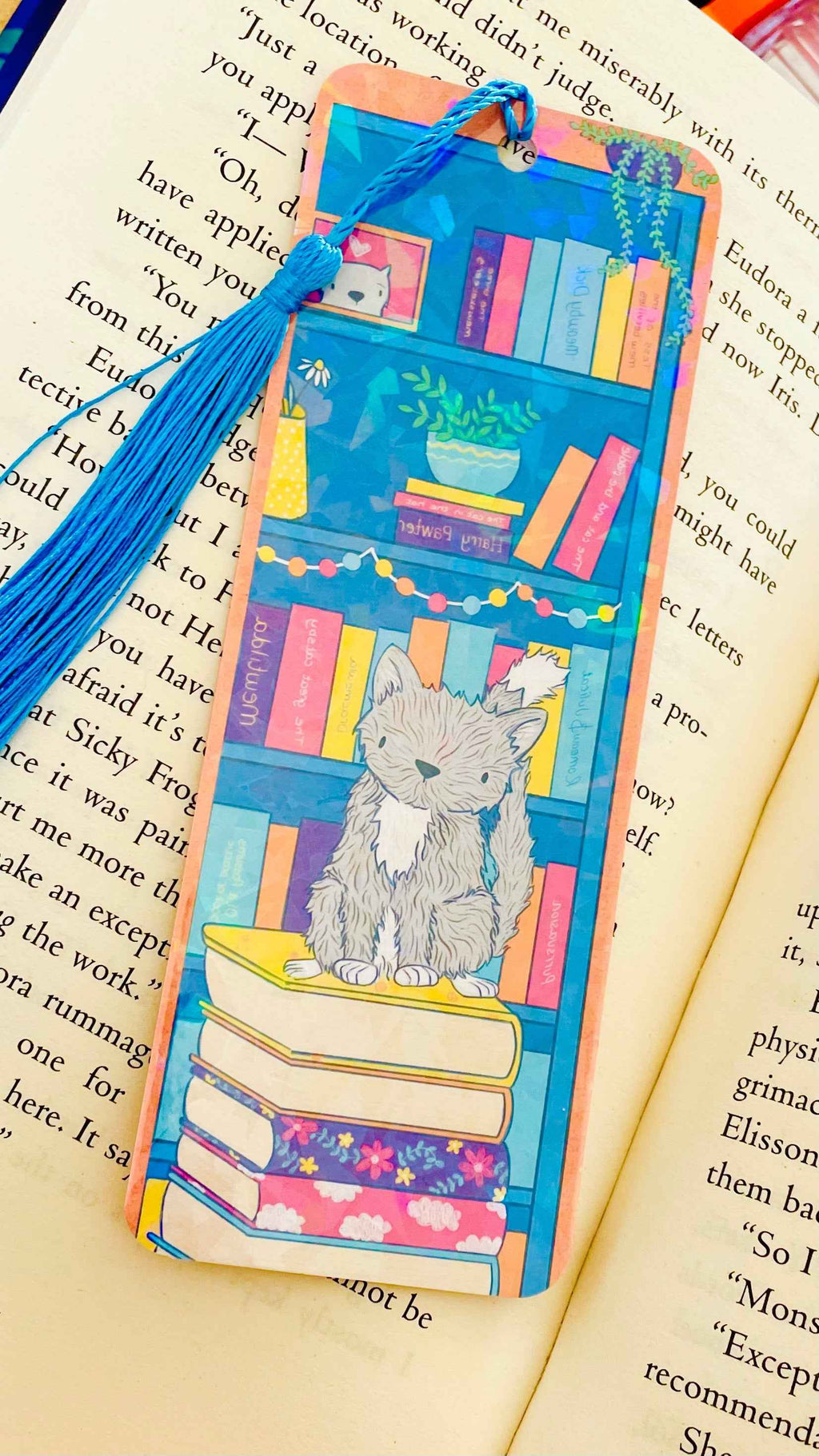 Handmade Holographic Cat Bookmark with Blue Tassel