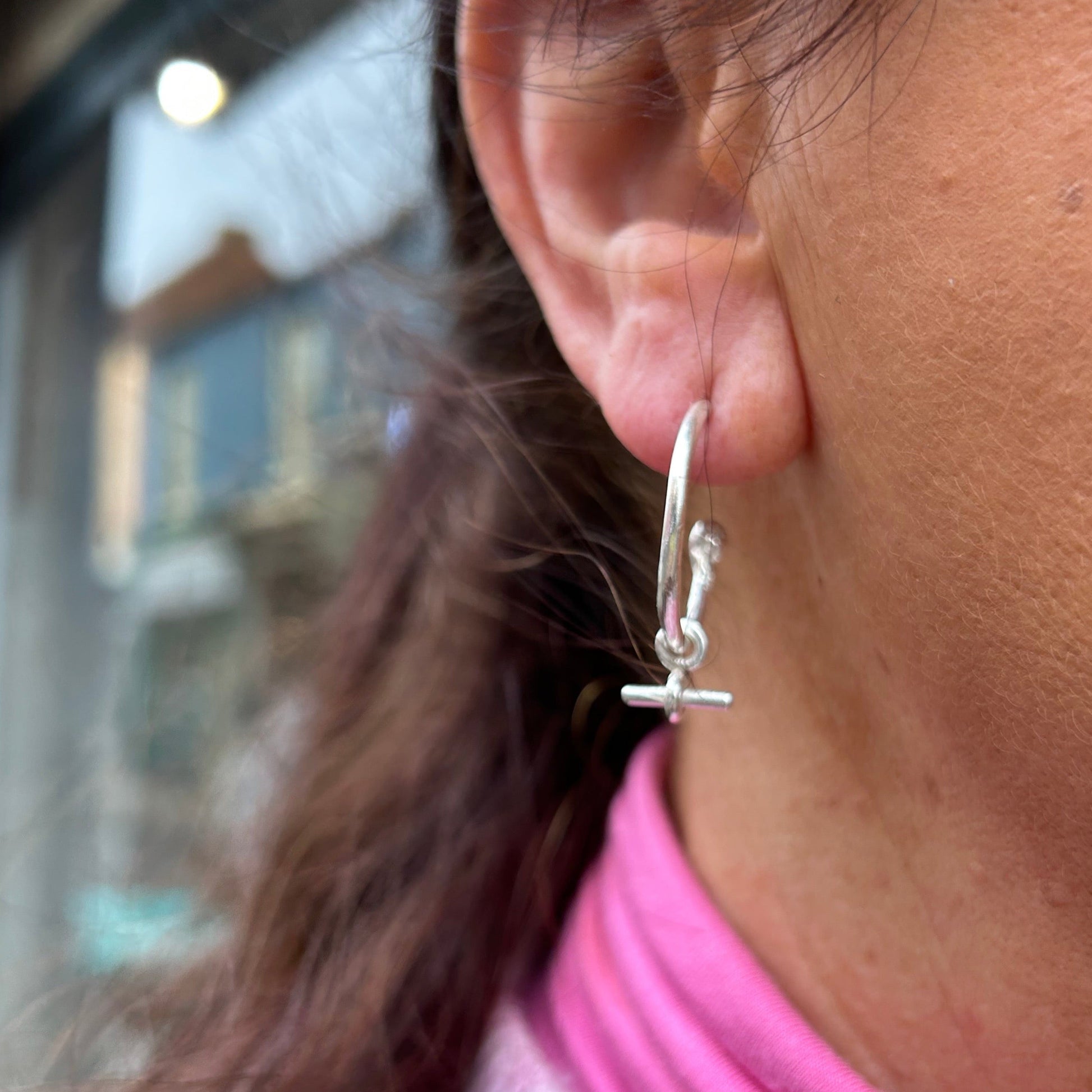 Sterling Silver T Bar Charm Hoops