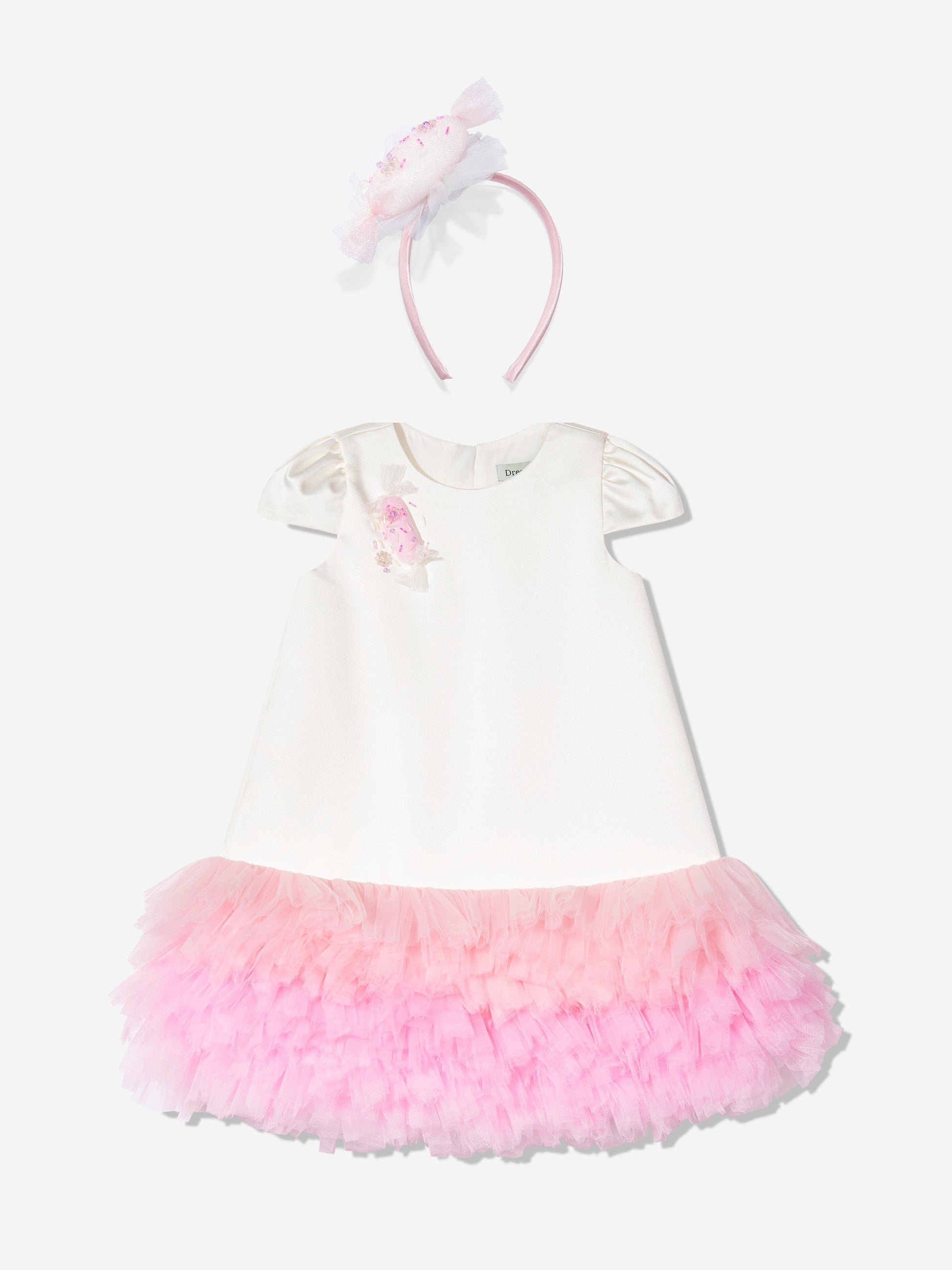 Dress & Fleur Girls Tulle Trim Occasion Dress in Ivory