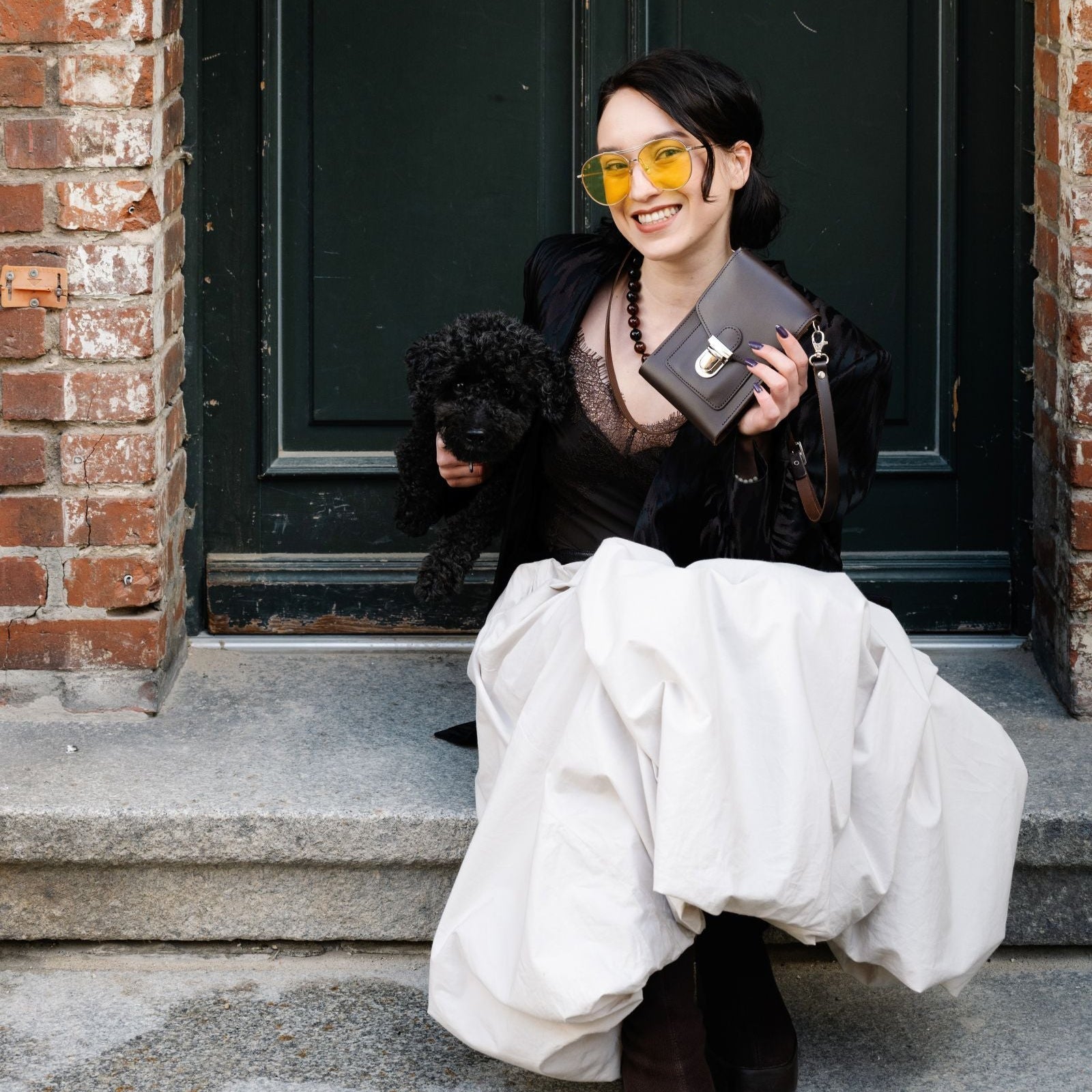 Dark Brown Leather Crossbody Phone Case with Push Lock