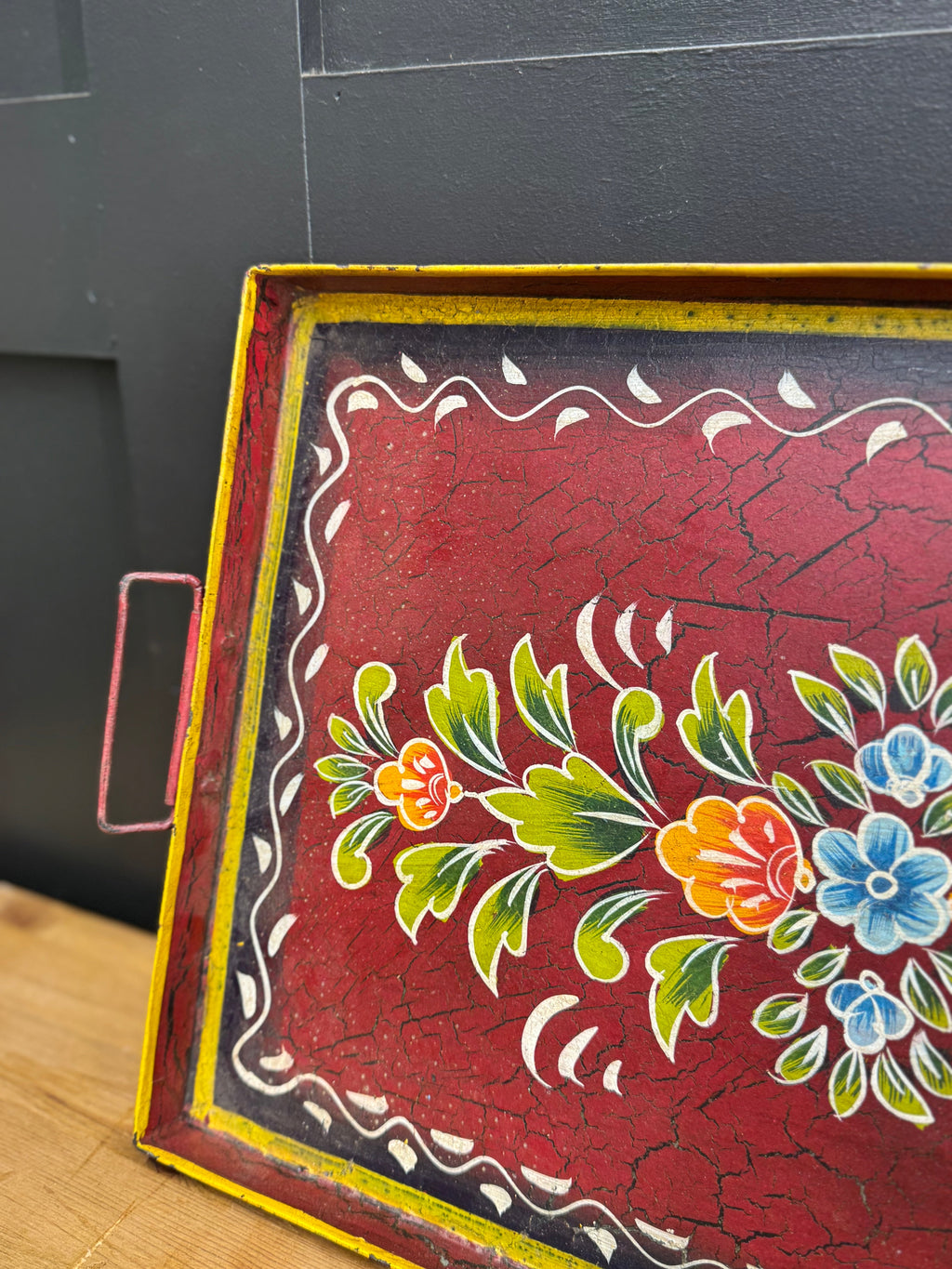 Red Metal Serving Tray / Painted Indian Charcuterie Cheese Antipasto Platter