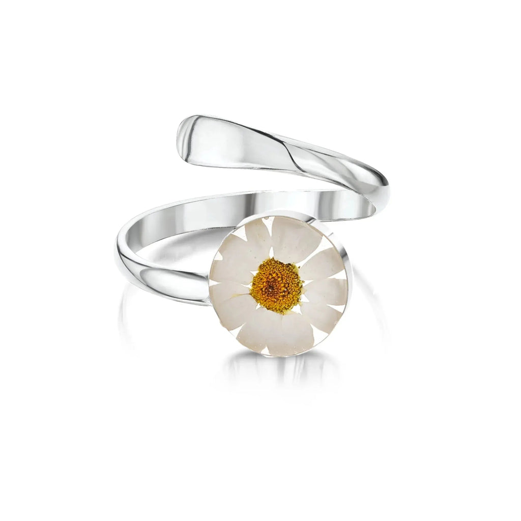 Sterling Silver Adjustable Daisy Flower Ring with Real Flowers