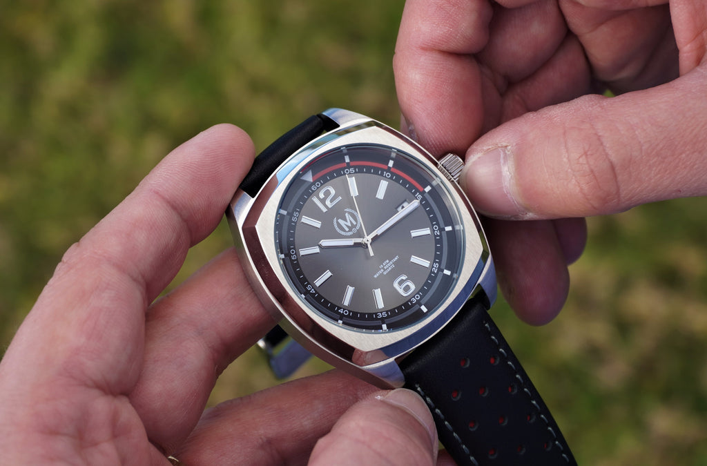 Black and Red Leather Rally Watch Strap with Silver Buckle