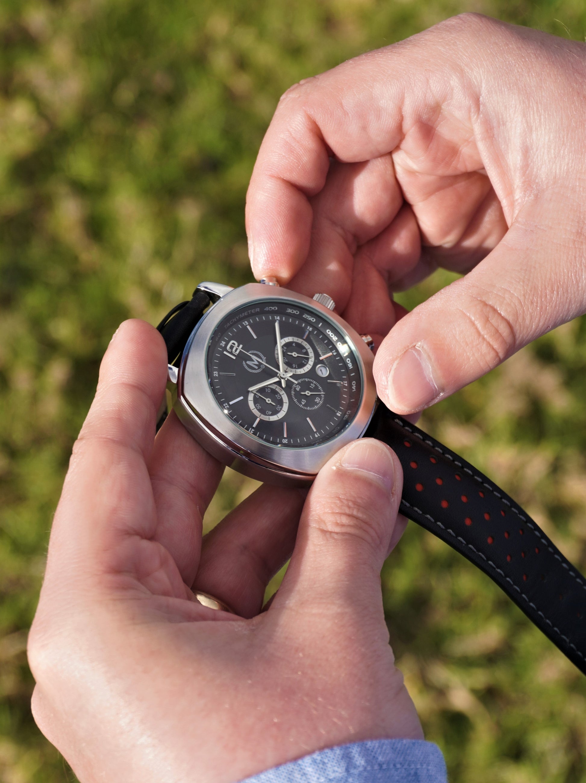 Black and Red Leather Rally Watch Strap with Silver Buckle