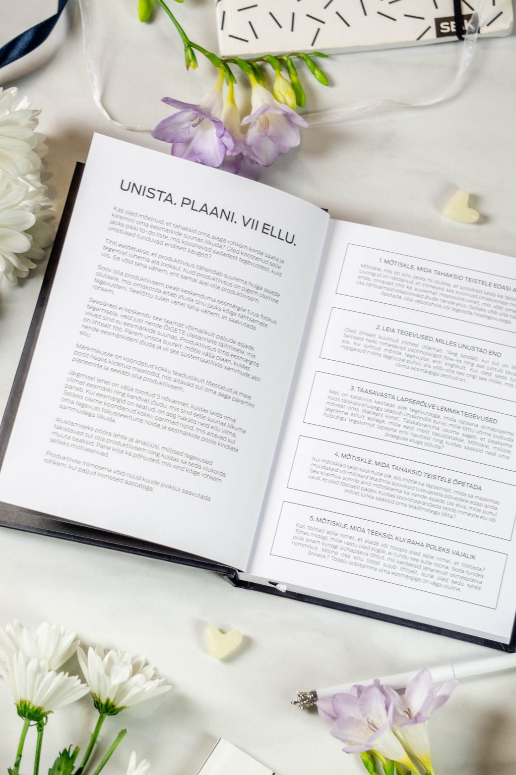 a playful, sunlit shot of the productivity planner open on a vibrant desk, showcasing its fun weekly layout