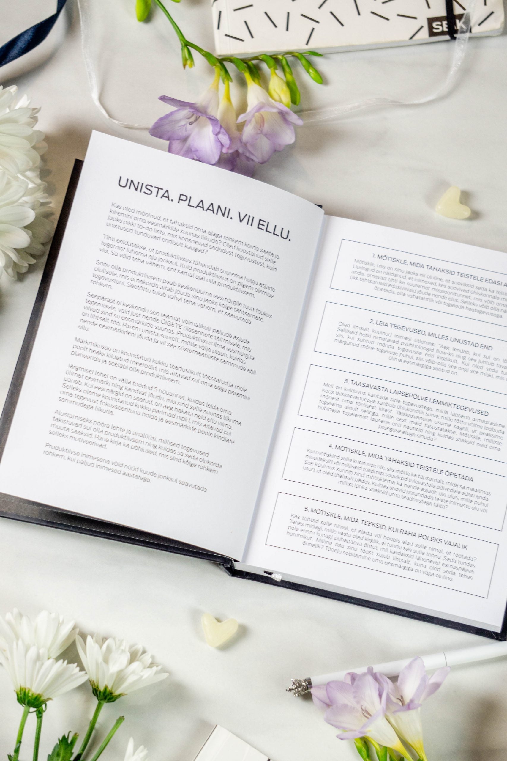 a playful, sunlit shot of the productivity planner open on a vibrant desk, showcasing its fun weekly layout