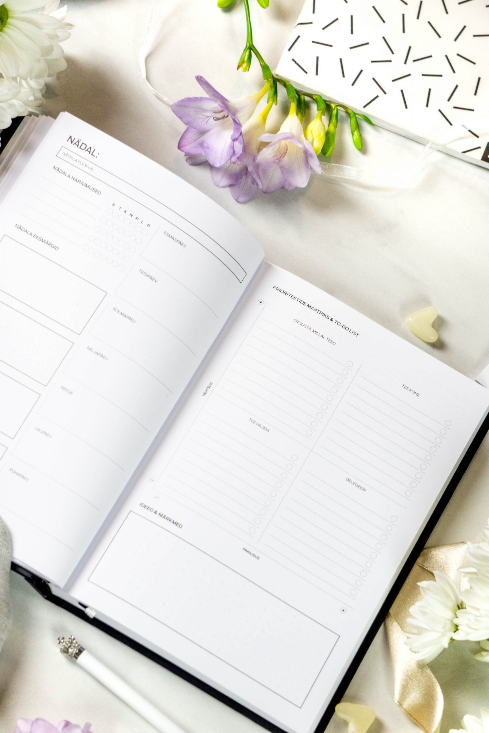 a functional undated productivity planner open to a weekly spread on a wooden desk