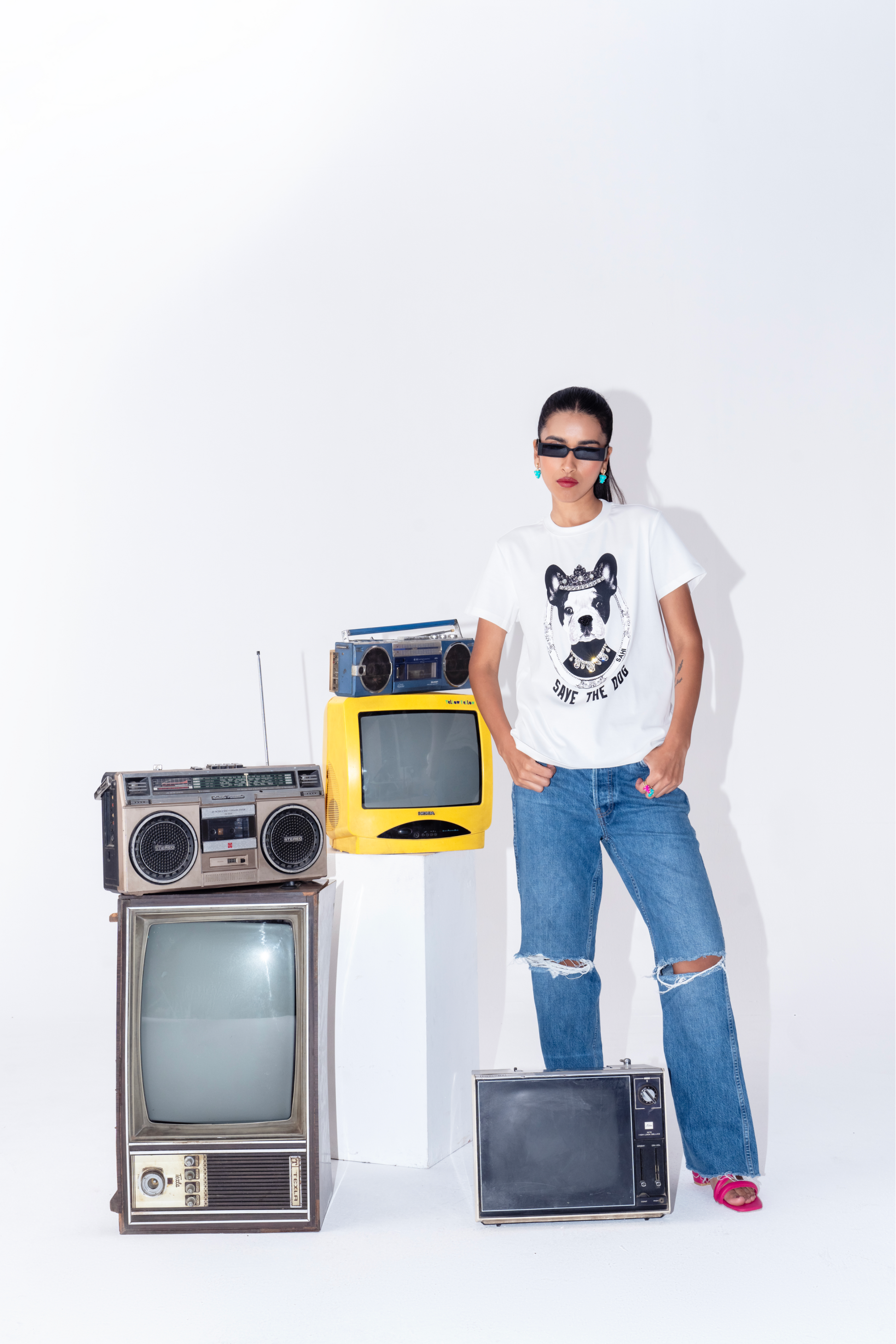 Save The Dog Graphic Embroidered Cotton T-Shirt