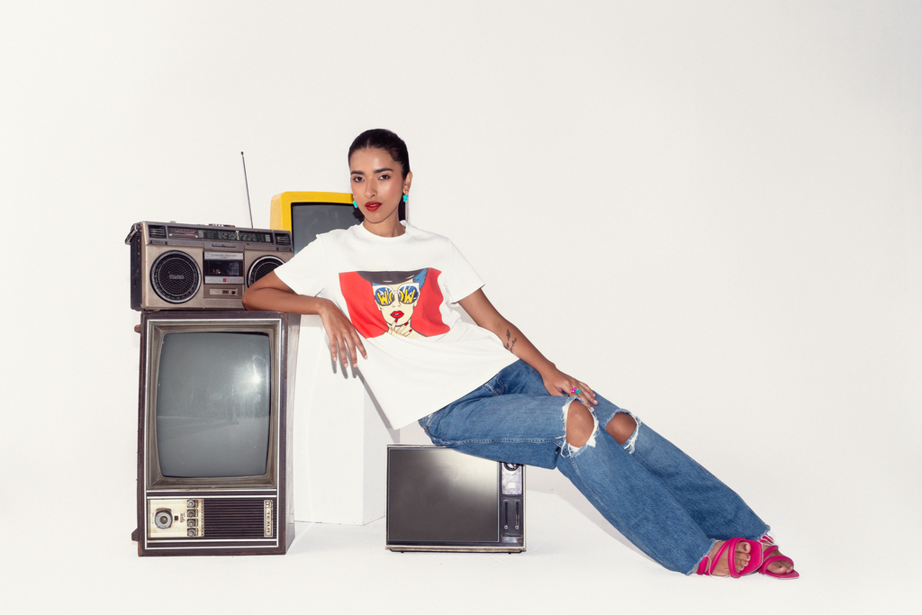 Pop Art Hand Embroidered Cotton T Shirt in White