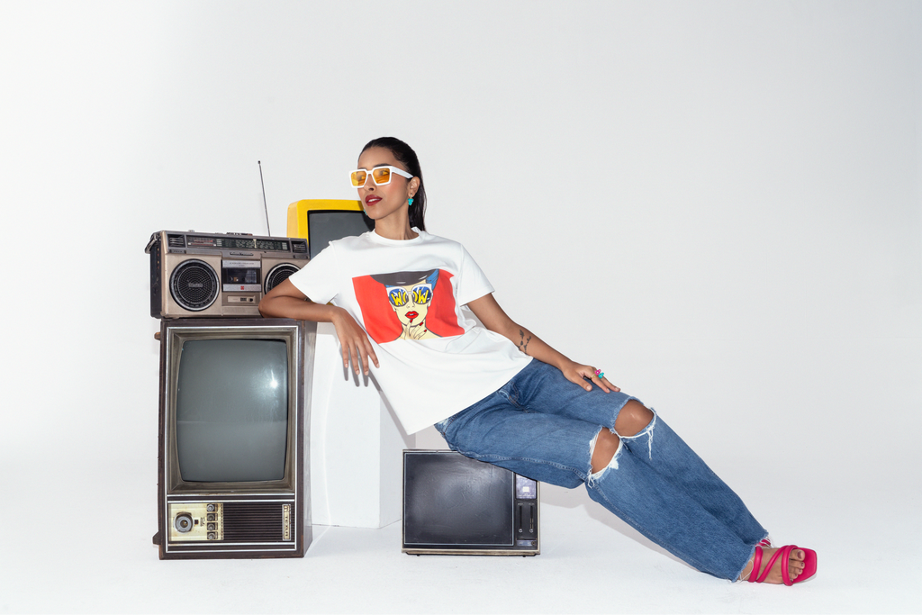 Pop Art Hand Embroidered Cotton T Shirt in White