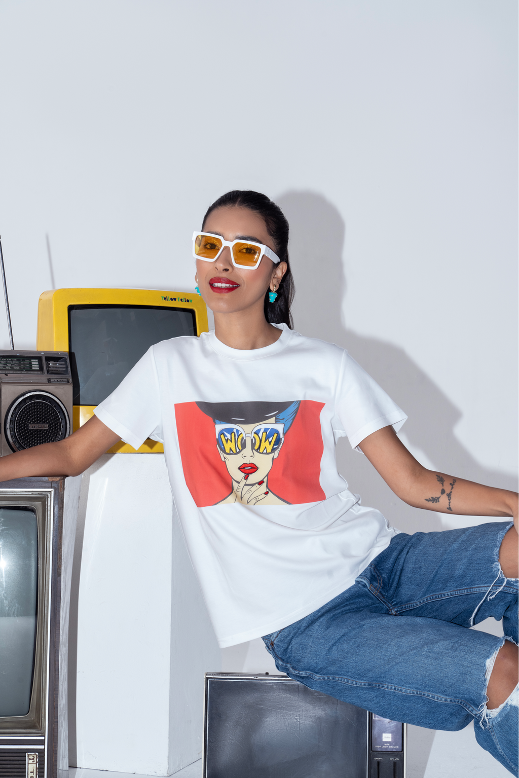 Pop Art Hand Embroidered Cotton T Shirt in White