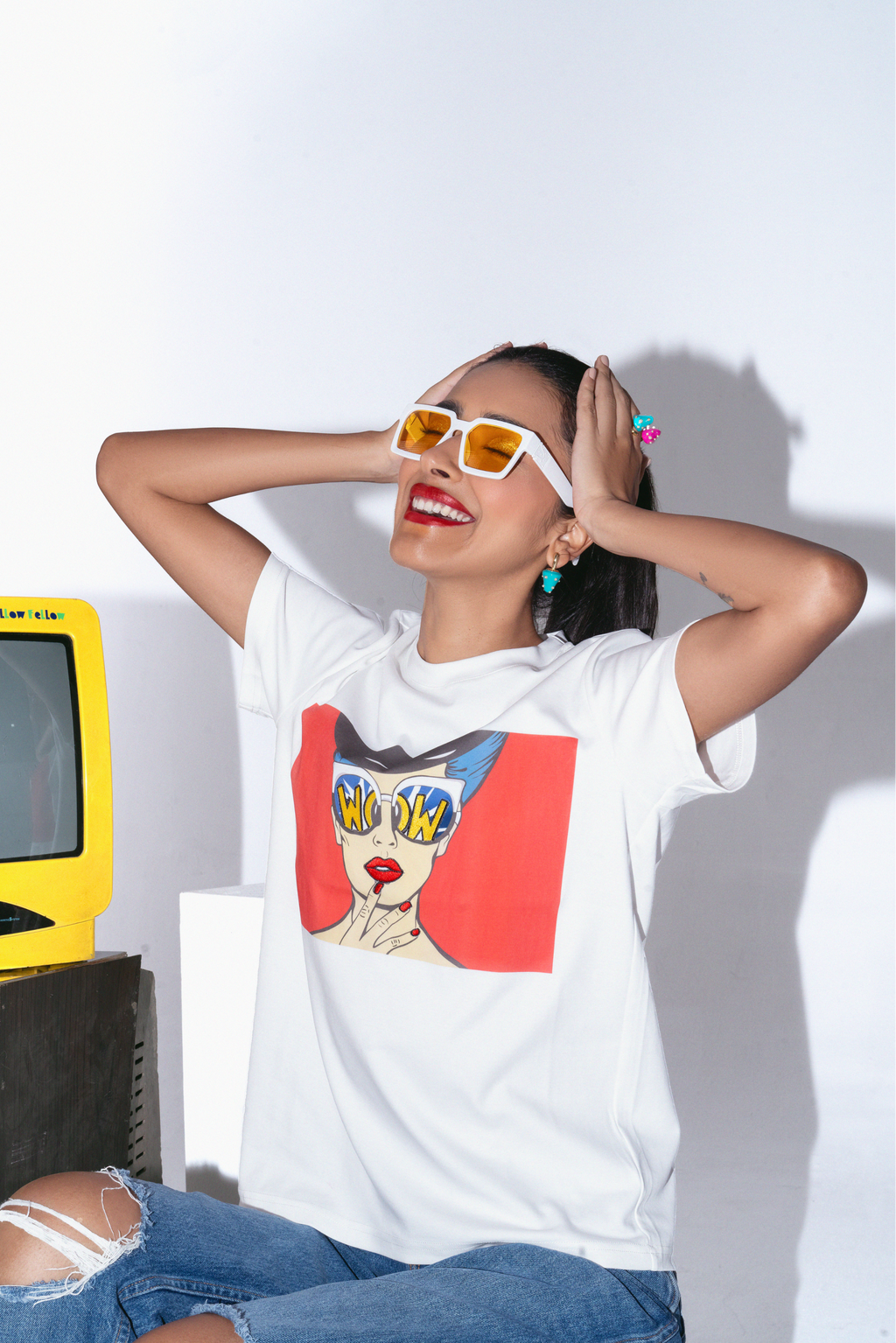 Pop Art Hand Embroidered Cotton T Shirt in White