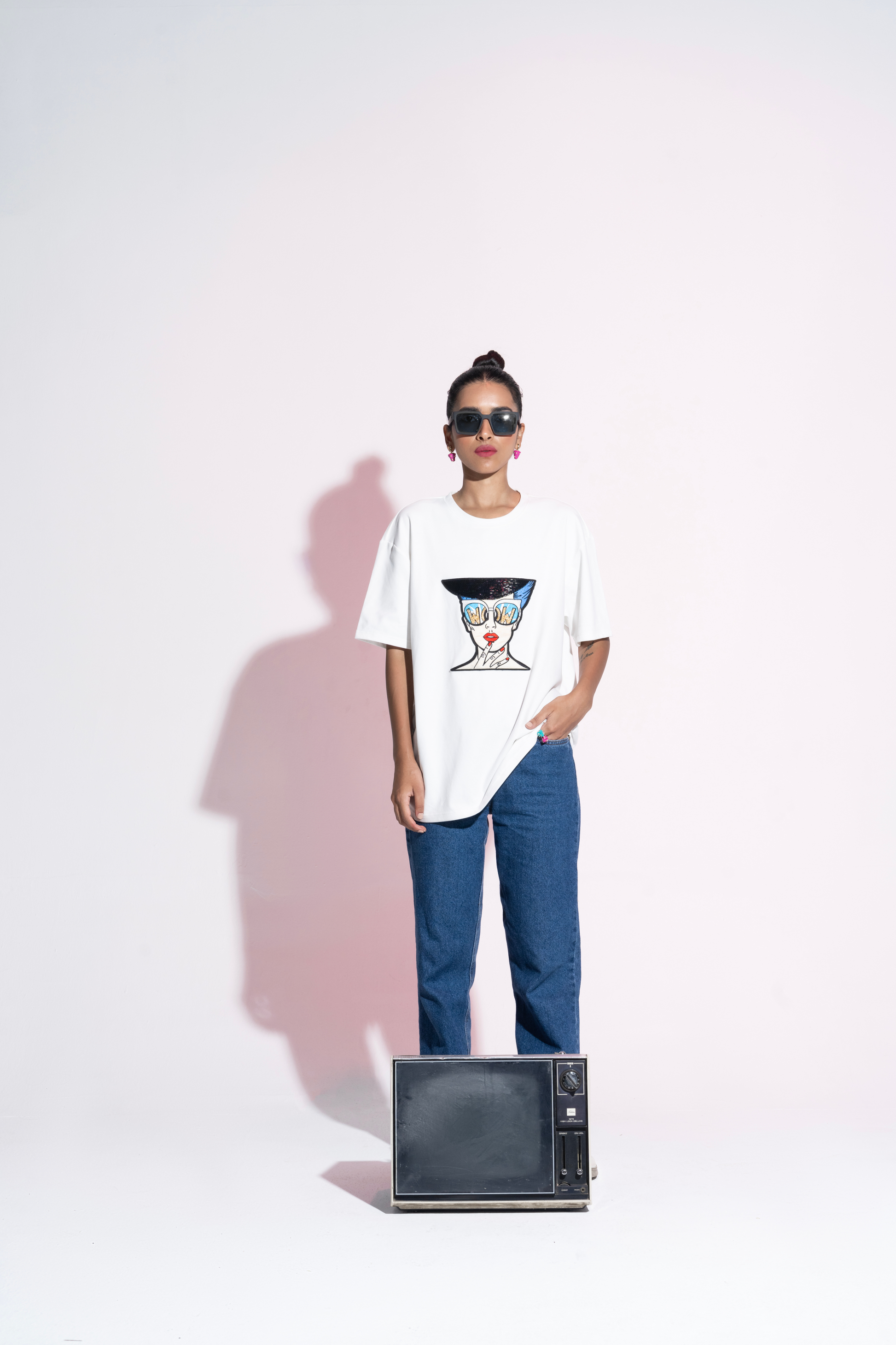 Pop Art 417 Hand Embroidered Cotton T-Shirt in White