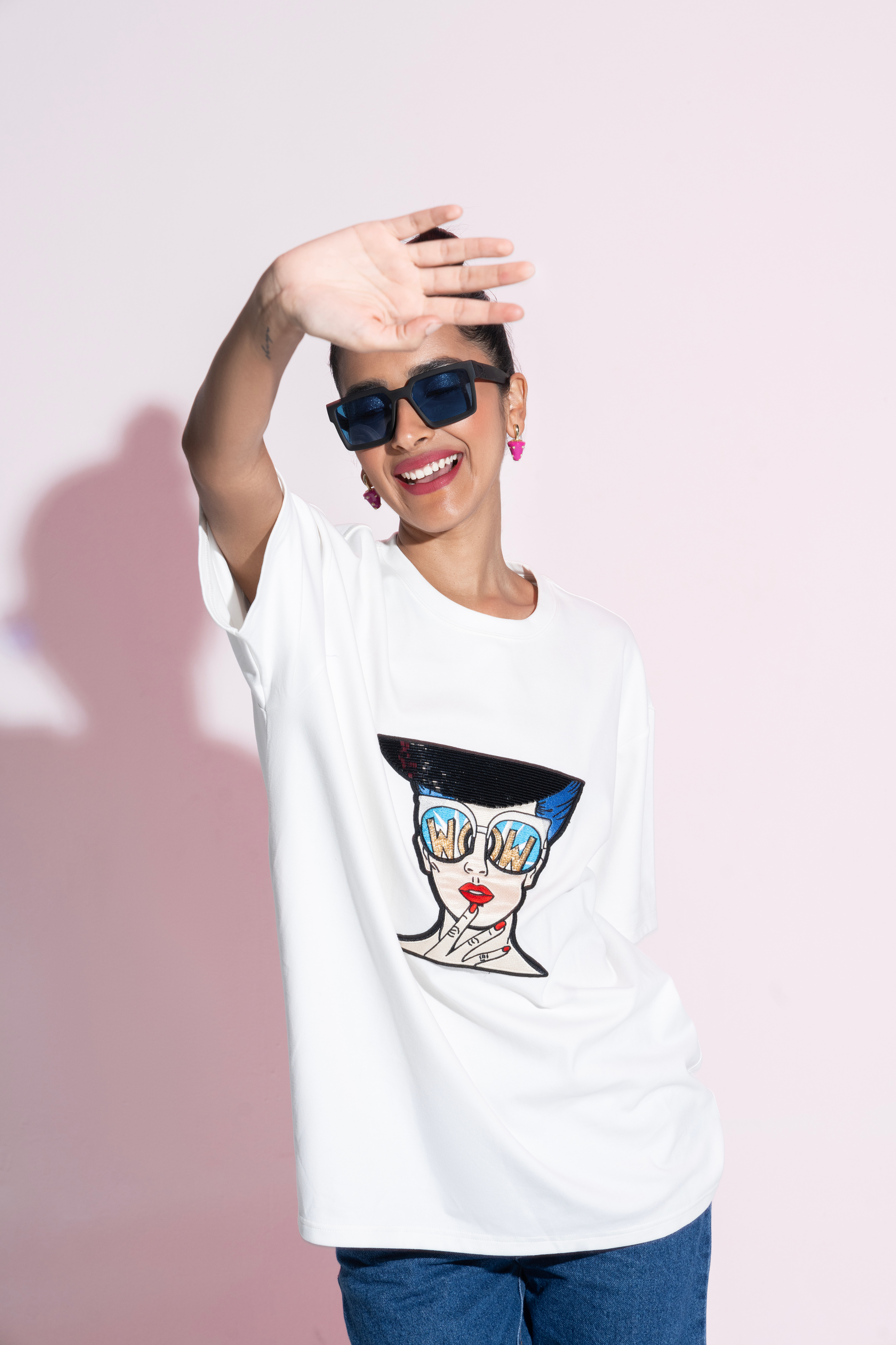 Pop Art 417 Hand Embroidered Cotton T-Shirt in White