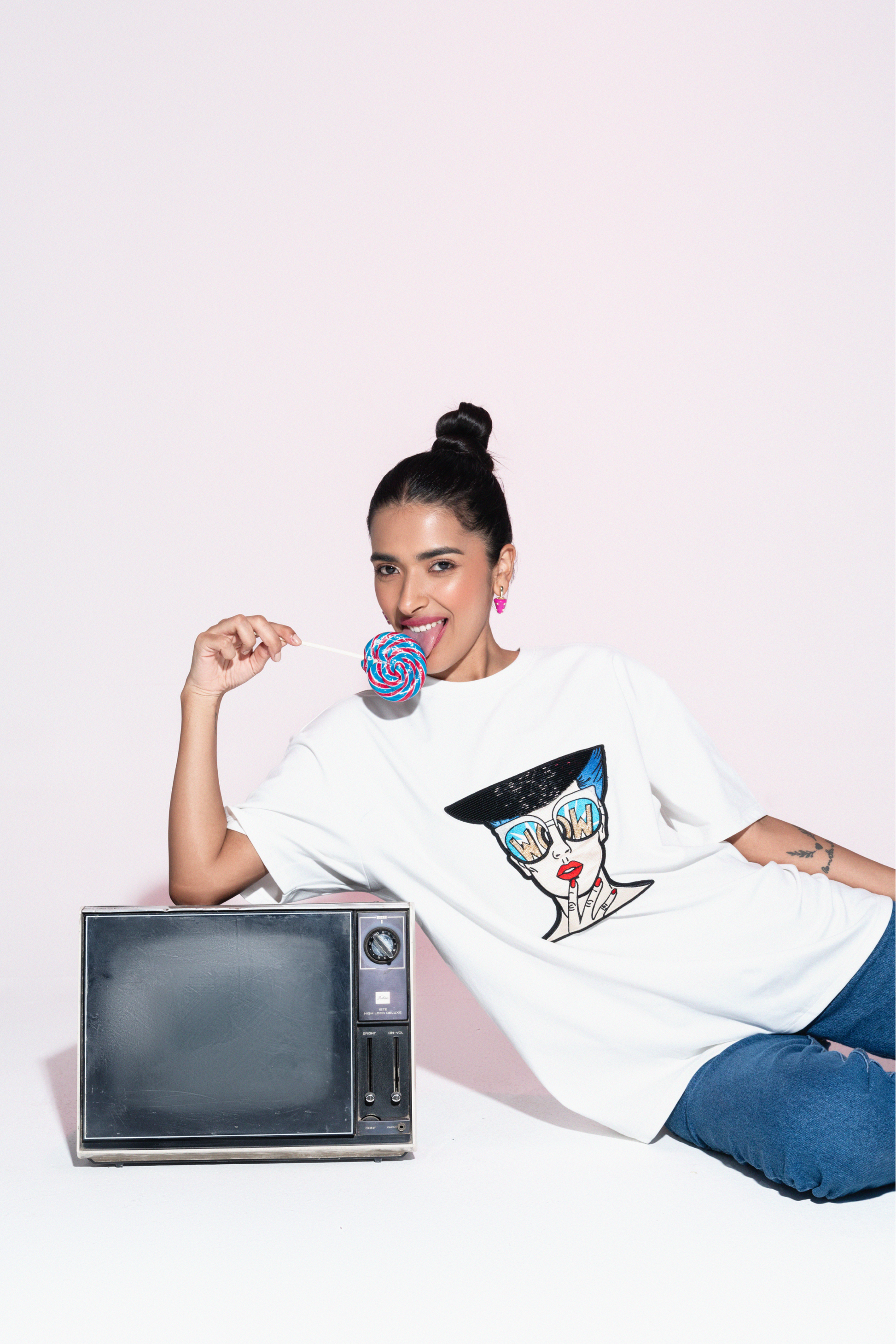 Pop Art 417 Hand Embroidered Cotton T-Shirt in White