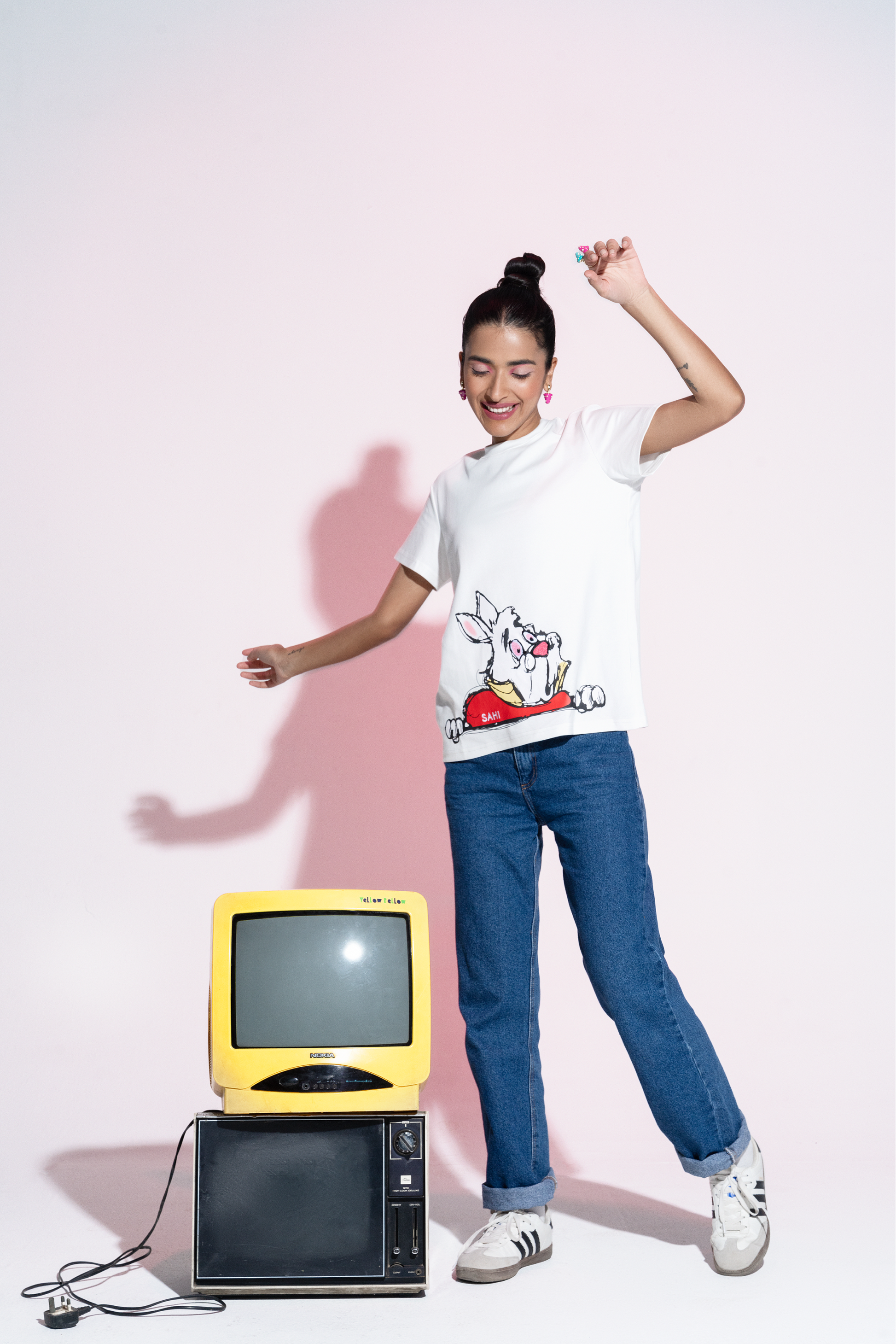 Pop Art Alice Hand Embroidered Cotton T-Shirt in White