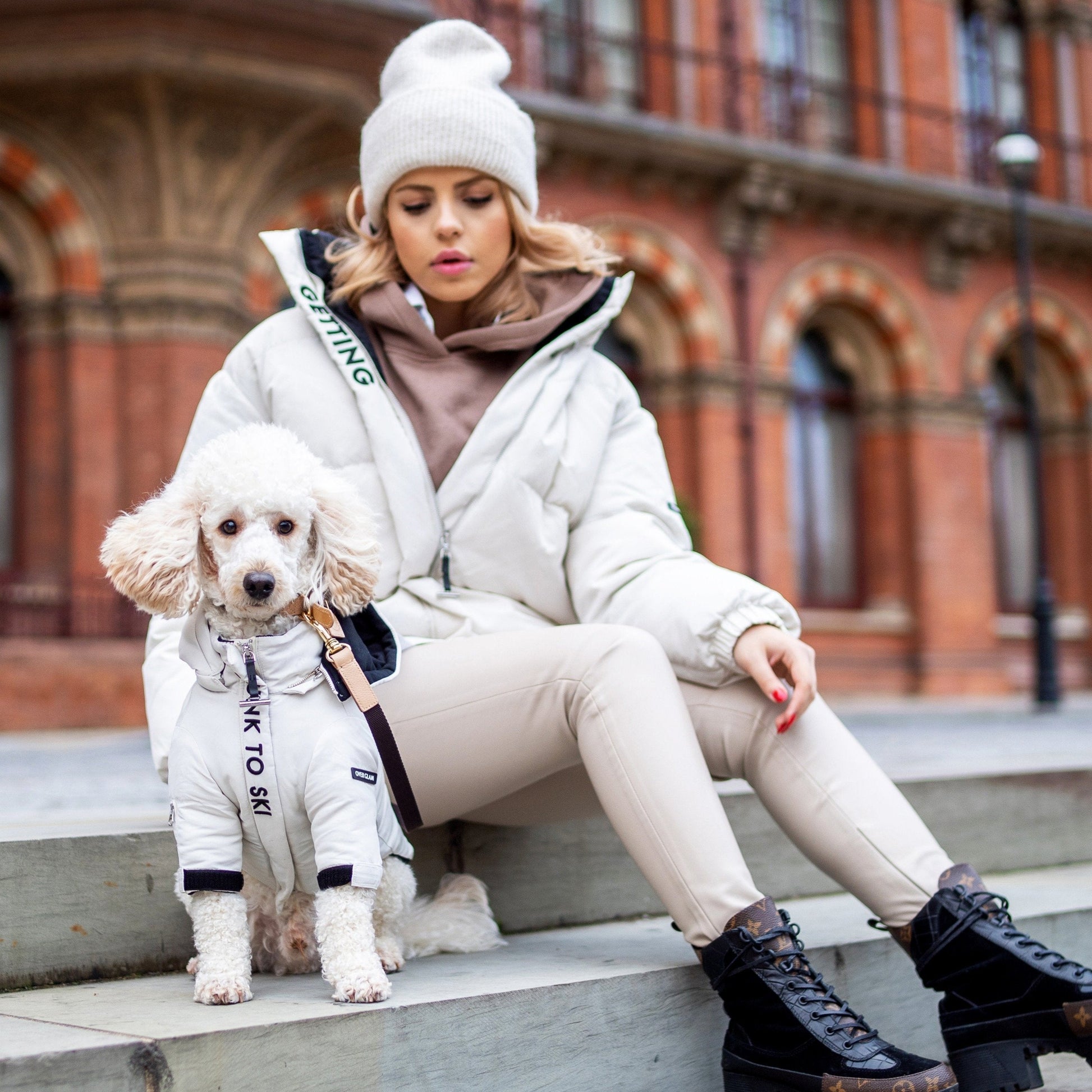 White Zip Up Puffer Ski Jacket with Embroidered Slogan