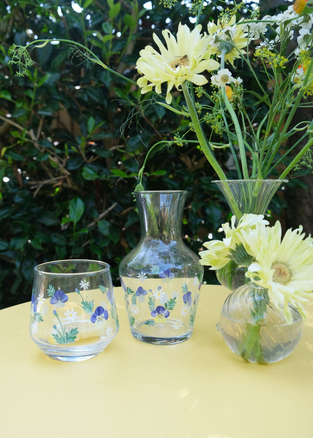 Hand Painted Pansy Carafe and Glass Set
