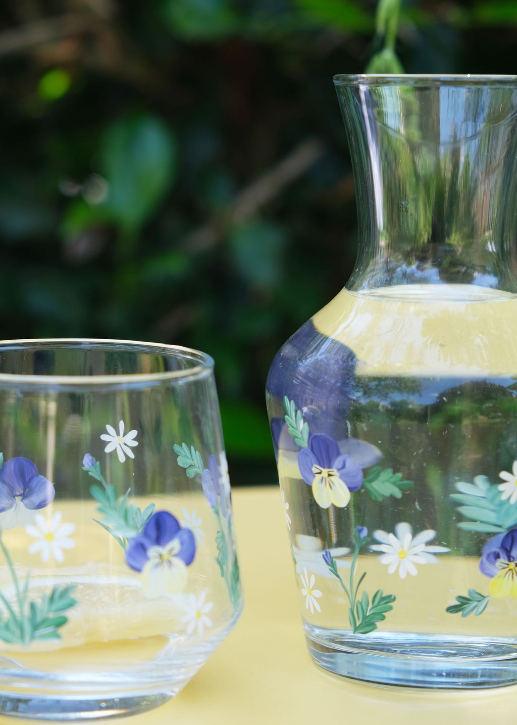 Hand Painted Pansy Carafe and Glass Set