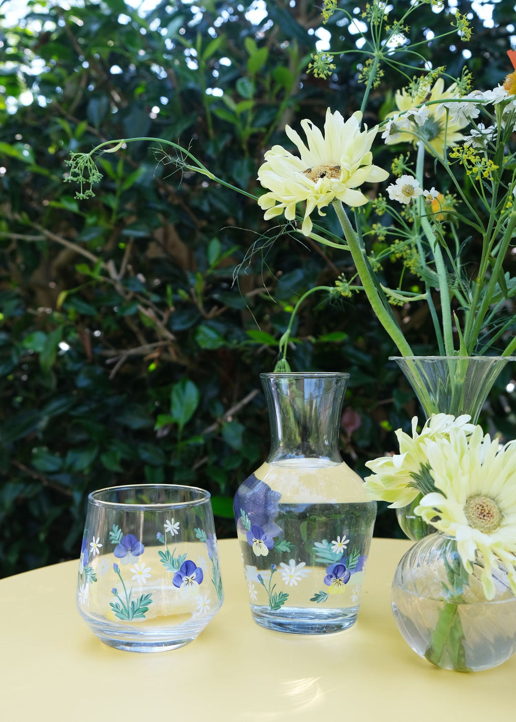 Hand Painted Pansy Carafe and Glass Set